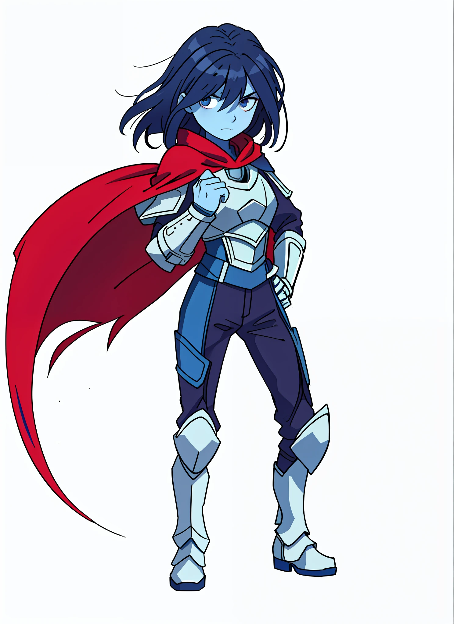 dark blue hair, no eyes, blue skin, red cape, armor, expressionless, hd, highres