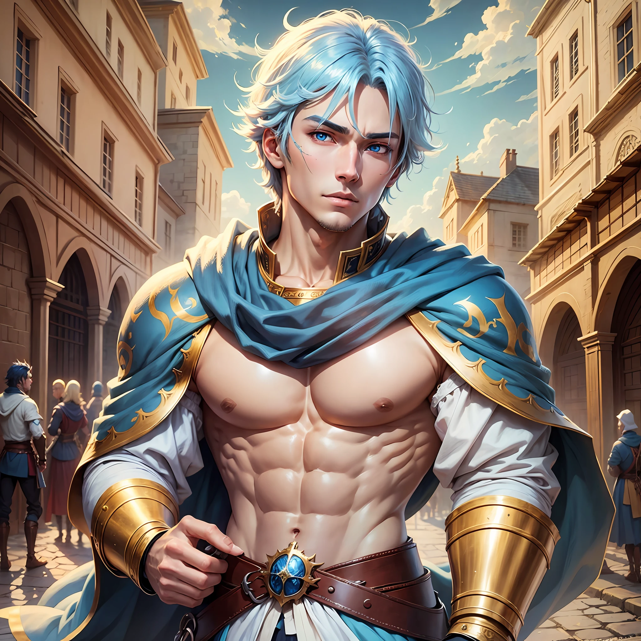 Anime man+light blue skin+ medieval scenery+golden eyes+ 16K FULL HD+wallpaper --auto --s2