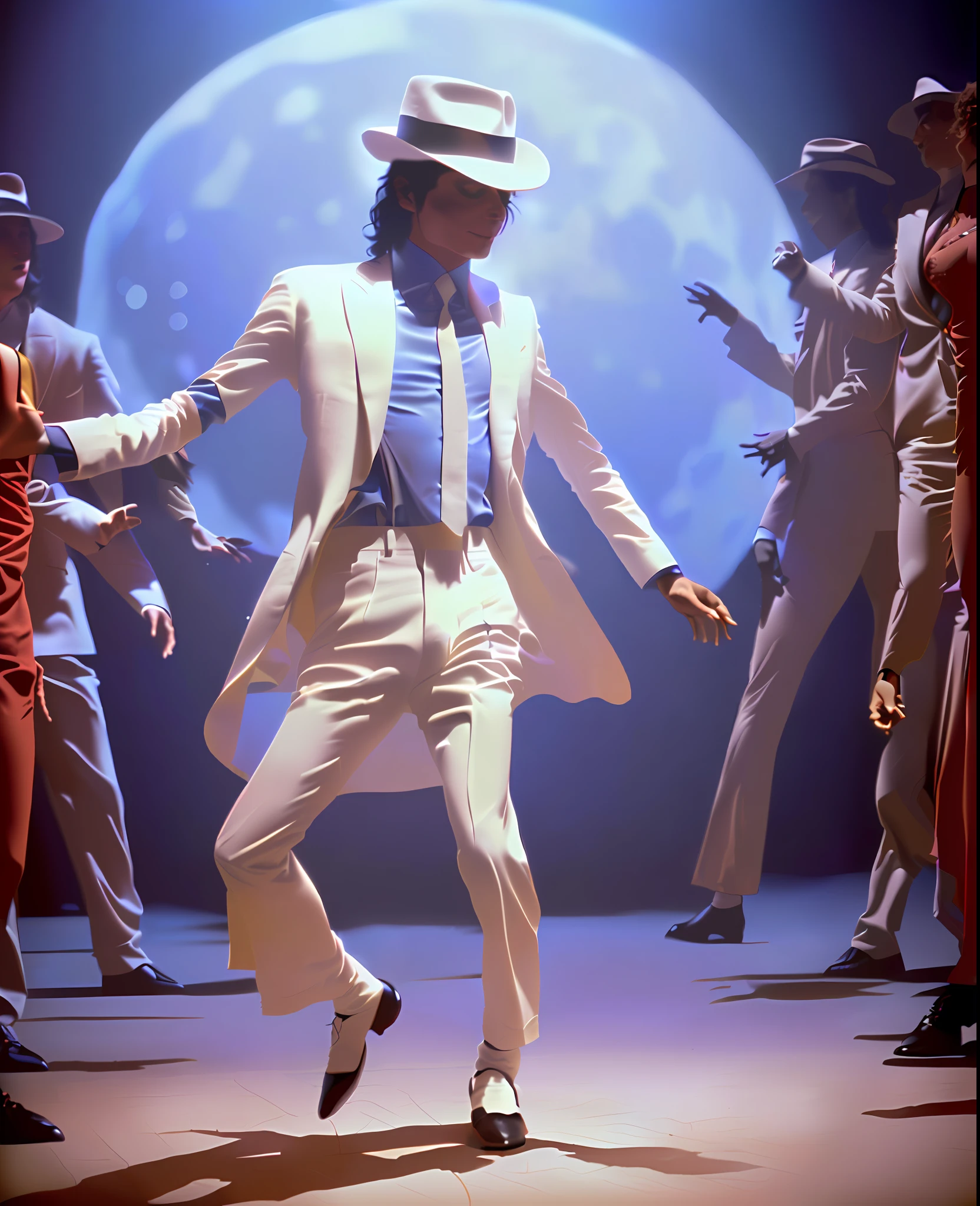 Smooth Michael Jackson man dancing in white suit, moonwalk on big round moon, dancing, moonwalking, detailed face, very sharp and high quality, professional photo