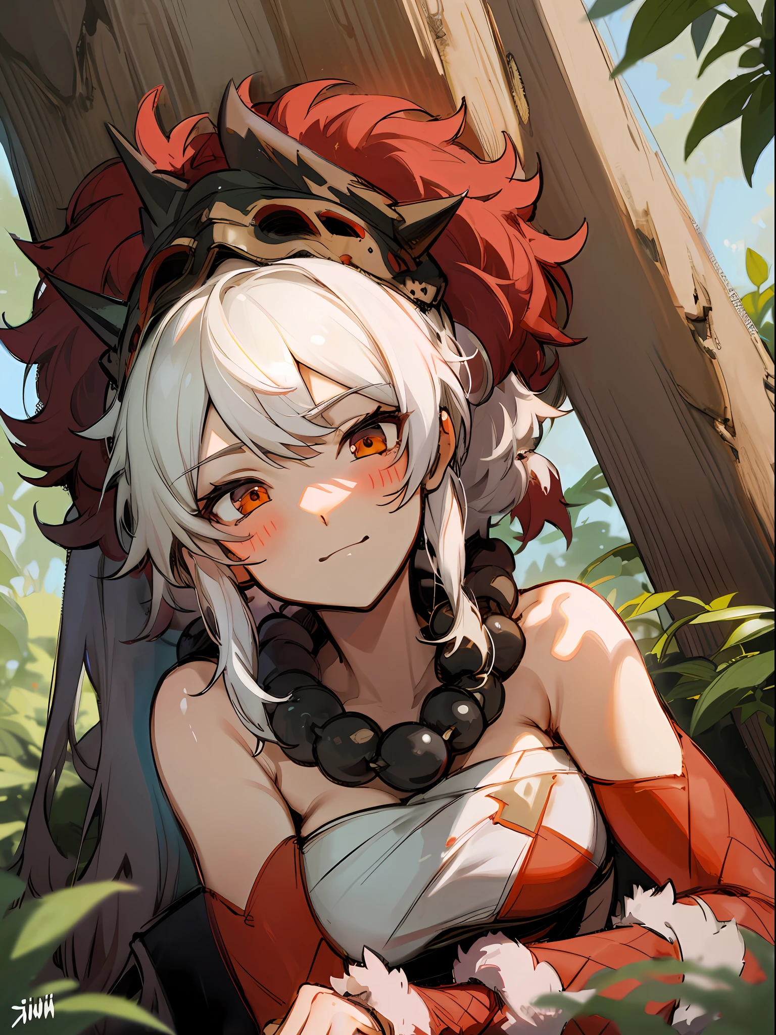 Rinkah | Fire Emblem afraid hide behind Pillow , upside down Rinkah sitting on tree smiling, dynamic angle, foliage in the background