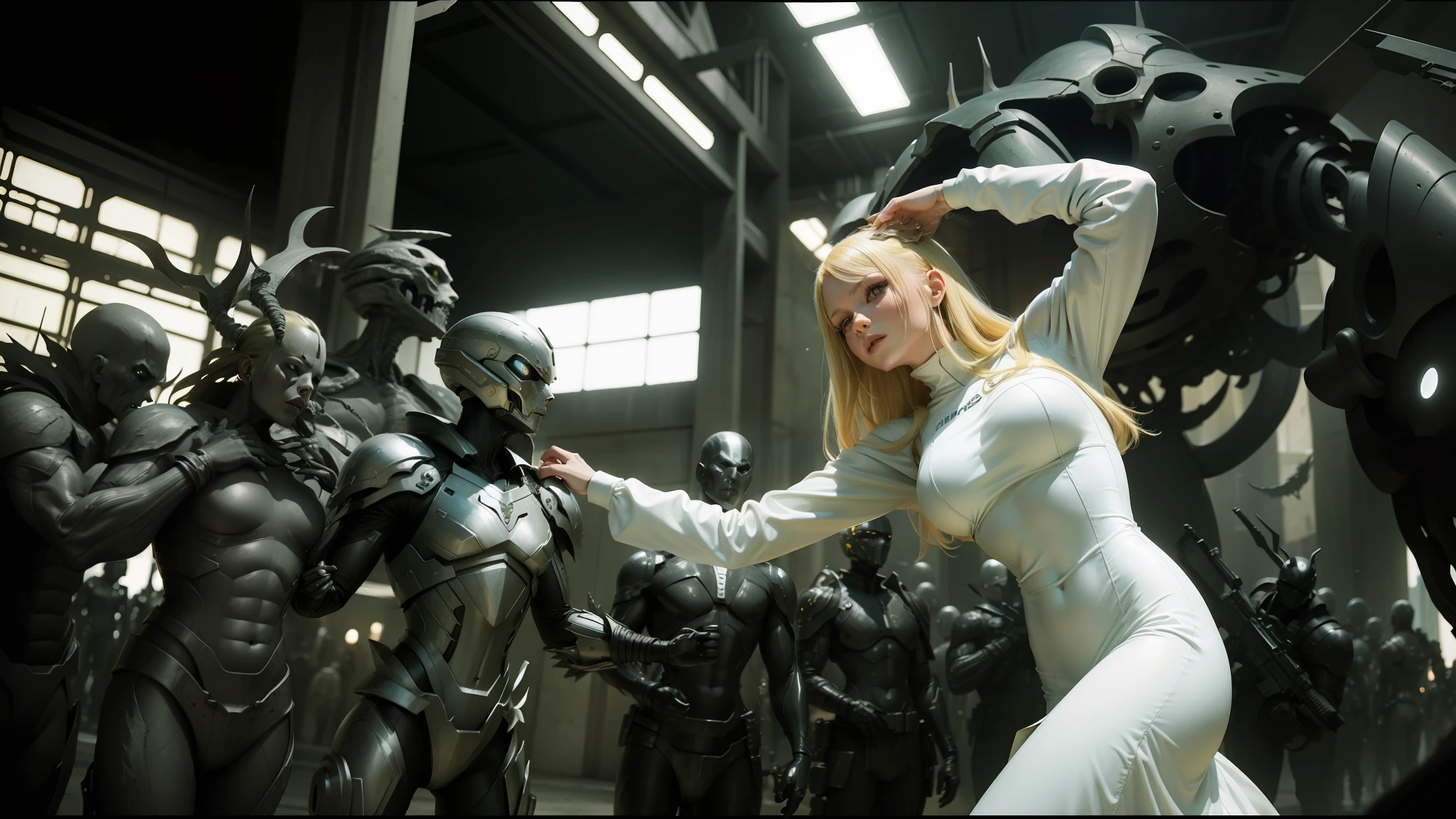 blond woman in white dress touching a sculpture of a bunch of metal animals, movie still of the alien girl, witchcore, full body x-force outfit, undead soldiers in background, inspired by Eva Švankmajerová, by Zhang Shuqi, 2004, hive city, skintight leather clothes --ar 16:9 --auto --s2