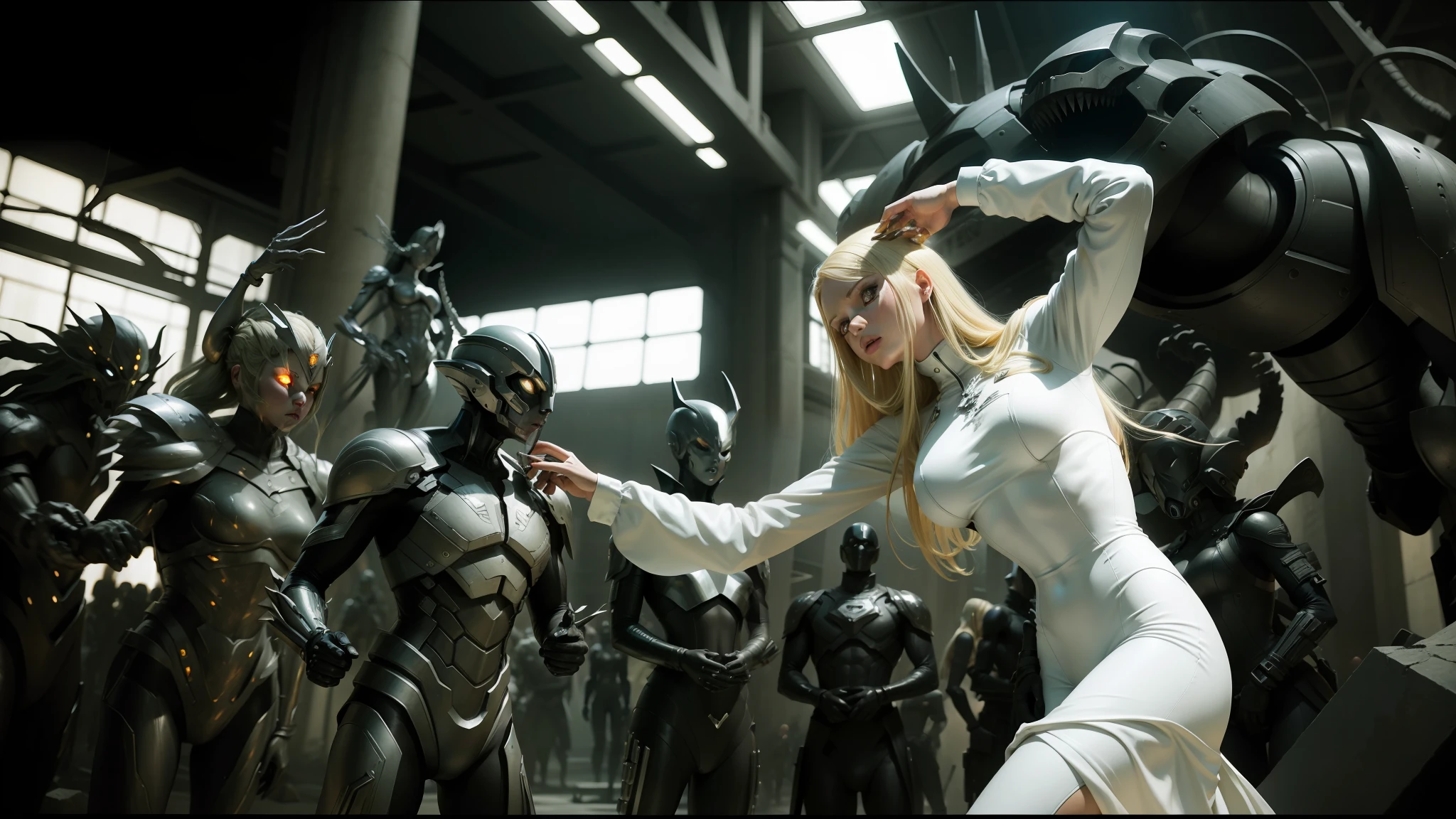 blond woman in white dress touching a sculpture of a bunch of metal animals, movie still of the alien girl, witchcore, full body x-force outfit, undead soldiers in background, inspired by Eva Švankmajerová, by Zhang Shuqi, 2004, hive city, skintight leather clothes --ar 16:9 --auto --s2