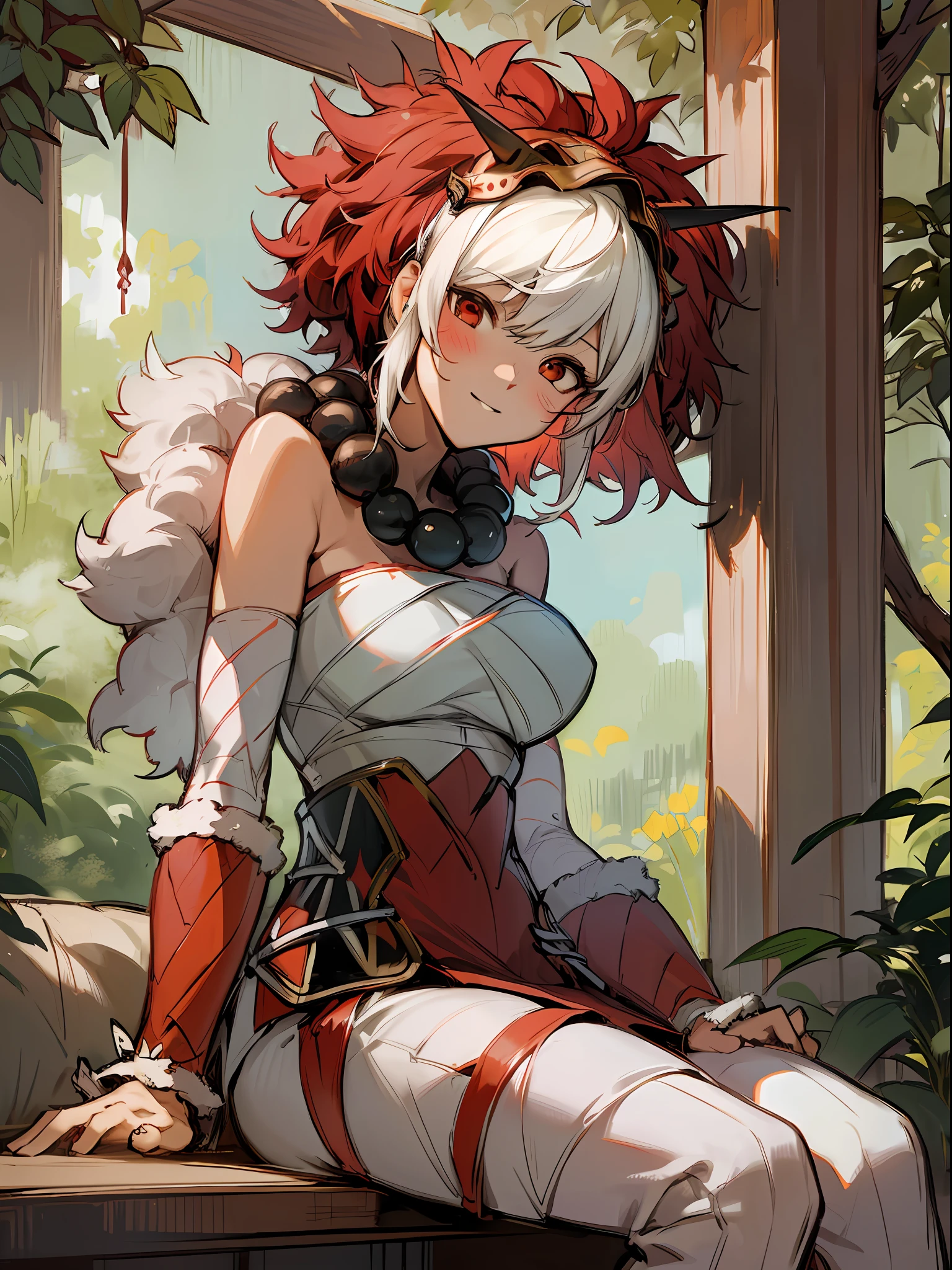 Rinkah | Fire Emblem afraid hide behind Pillow , upside down Rinkah sitting on tree smiling, dynamic angle, foliage in the background