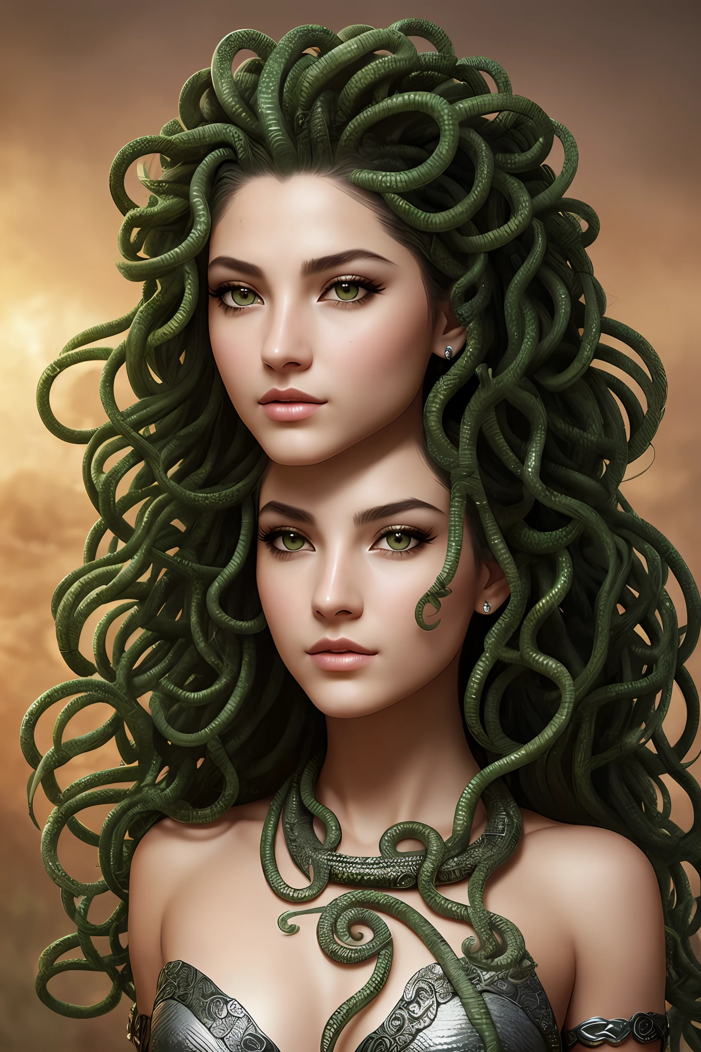 ((best quality)), ((masterpiece)), ((realistic)), beautiful Medusa (female face and upper body, snake tail), hair is composed of countless small snakes, green eyes, metal carved top, artstation trend on, sharp focus, studio photo, intricate detail, very detailed, detailed eye, illustration, very detailed, sharp focus, digital render, professional, 4k, 
Create a high-quality masterpiece featuring a realistic depiction of Medusa in full body. Her hair should be composed of countless small snakes, with green eyes and a female face. She should be wearing a metal carved top, exuding a royal aura. The artwork should trend on ArtStation, showcasing sharp focus and intricate details. The studio photo should capture Medusa with very detailed features, especially the eyes. The illustration should have a digital render, maintaining a professional and sharp focus. The final piece should be in 4K resolution to ensure the best quality.