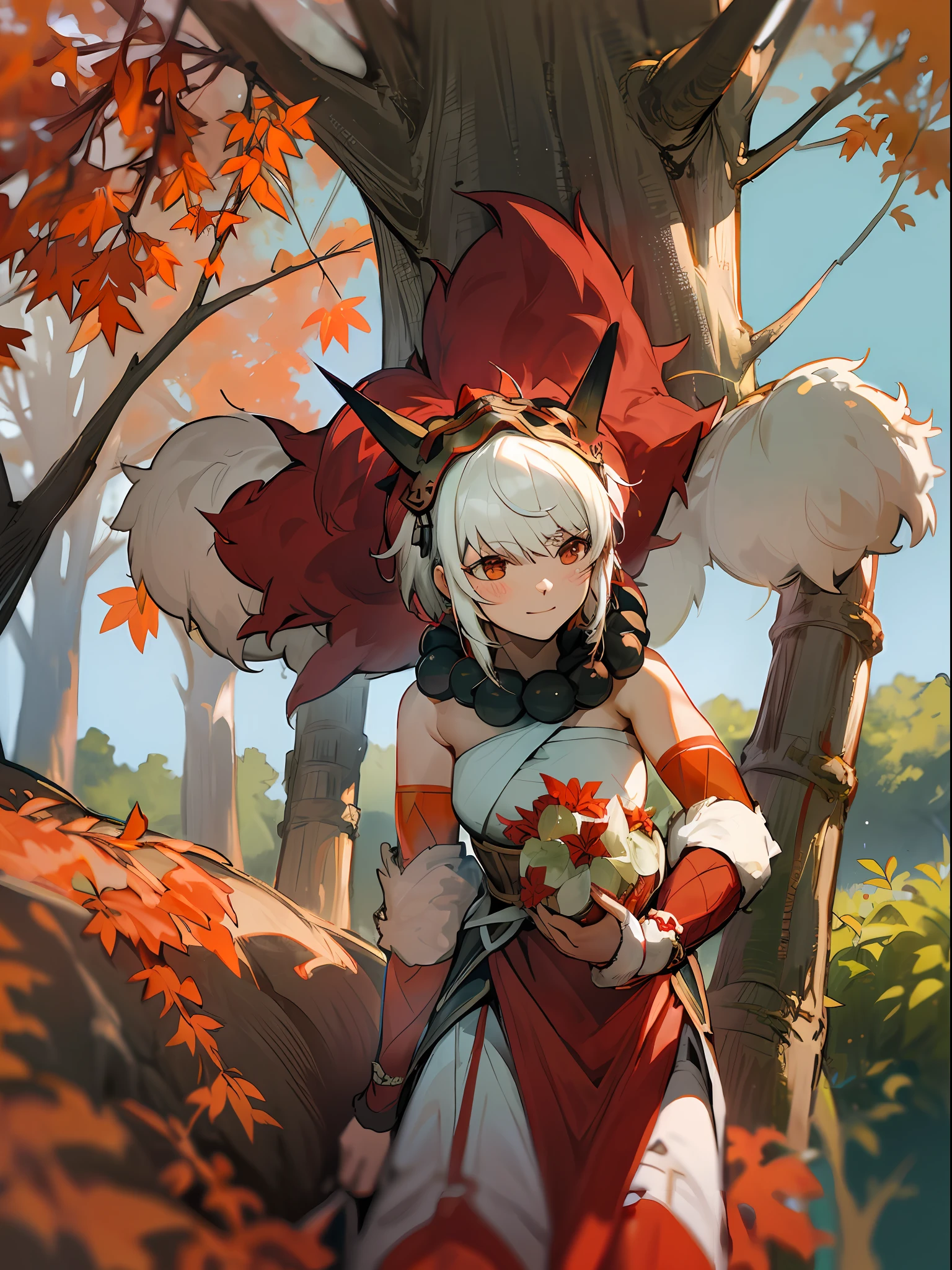 Rinkah | Fire Emblem afraid hide behind Pillow , upside down Rinkah sitting on tree smiling, dynamic angle, foliage in the background
