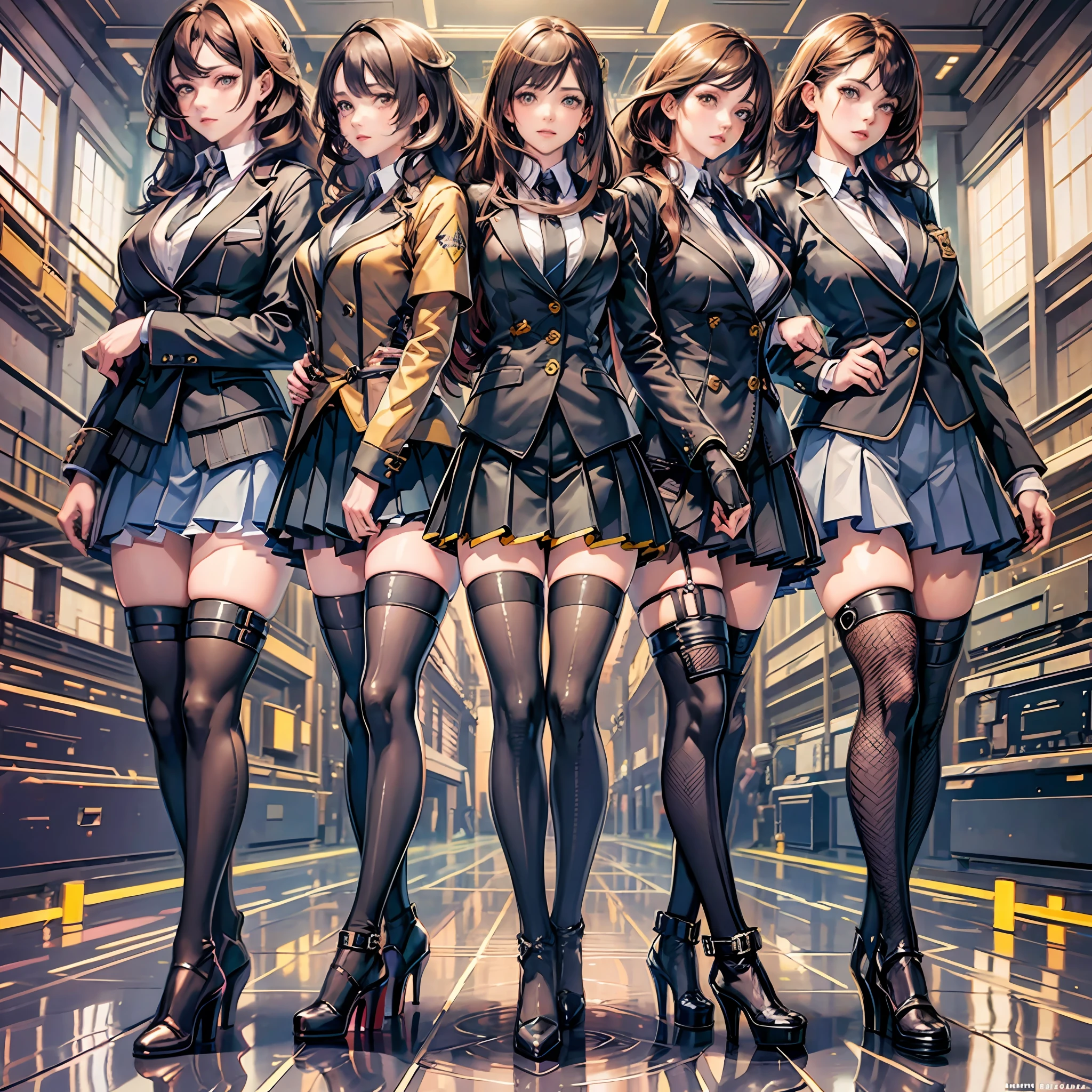 perfect anime illustration, brown hair, wavy hair, hazel eyes, 1girl, blue skirt suit, black high heels, businesswoman, highres, full body, thousands of girls, identical sisters, matching outfits, matching hairstyles, matching faces, group photo --auto --s2