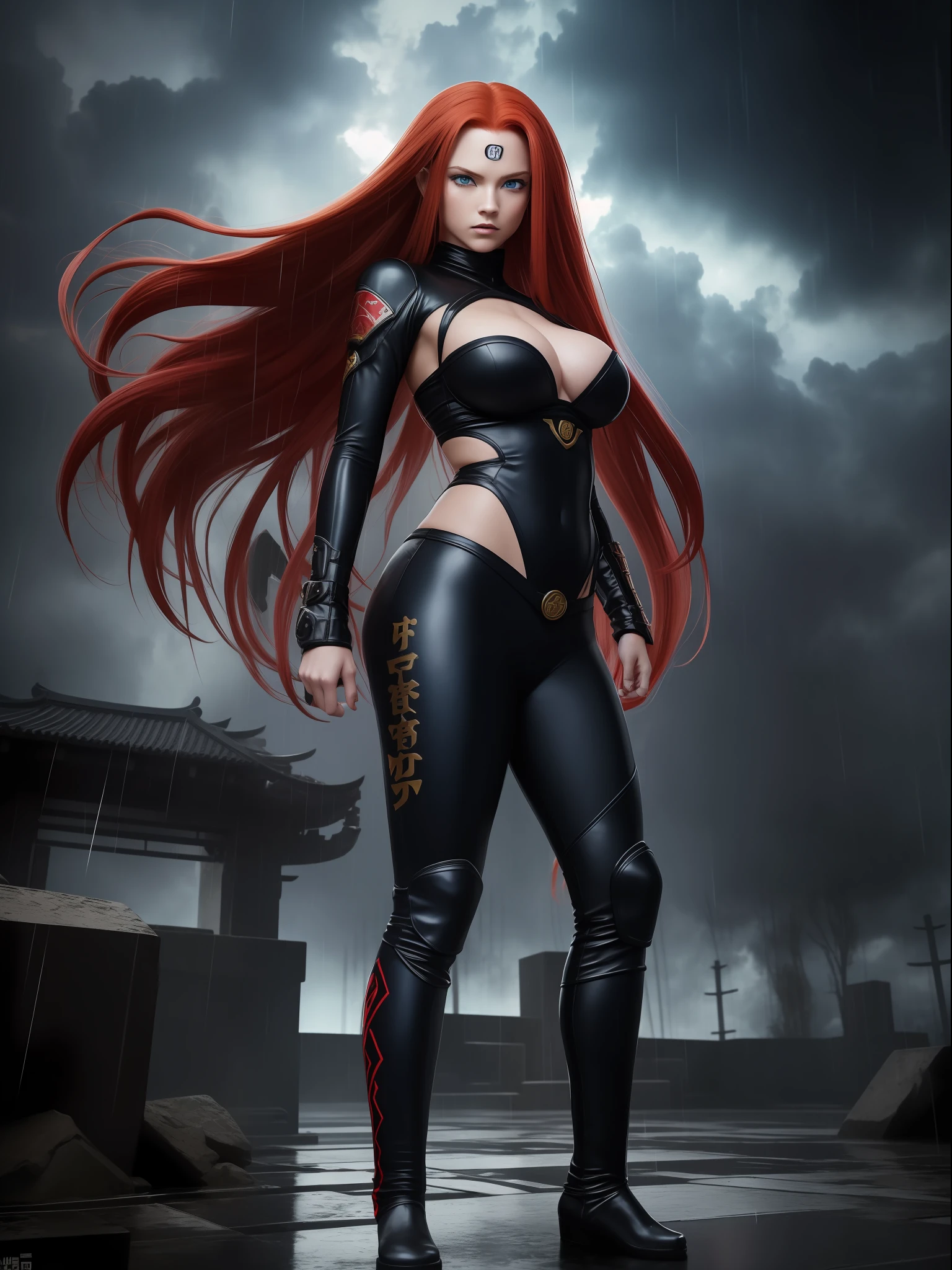 (full body photo, standing, feet on the ground), Sara has large breasts, (black with golden parts/ninja costume/mini capus on the head/extremely tight on the body/ninja mask on the face, ninja emblem on the breast), tattoos on the body, blood on the clothing, ninja weapons, closed fists, in battle position, is in a macabre temple at night raining hard with clouds in the sky and thunder,  her hair and clothes are soaked, she has ((long red hair, blue eyes)), ninja weapons, anime, reflection light, 16k, best quality, high details, anatomically correct, UHD, masterpiece, ccurate