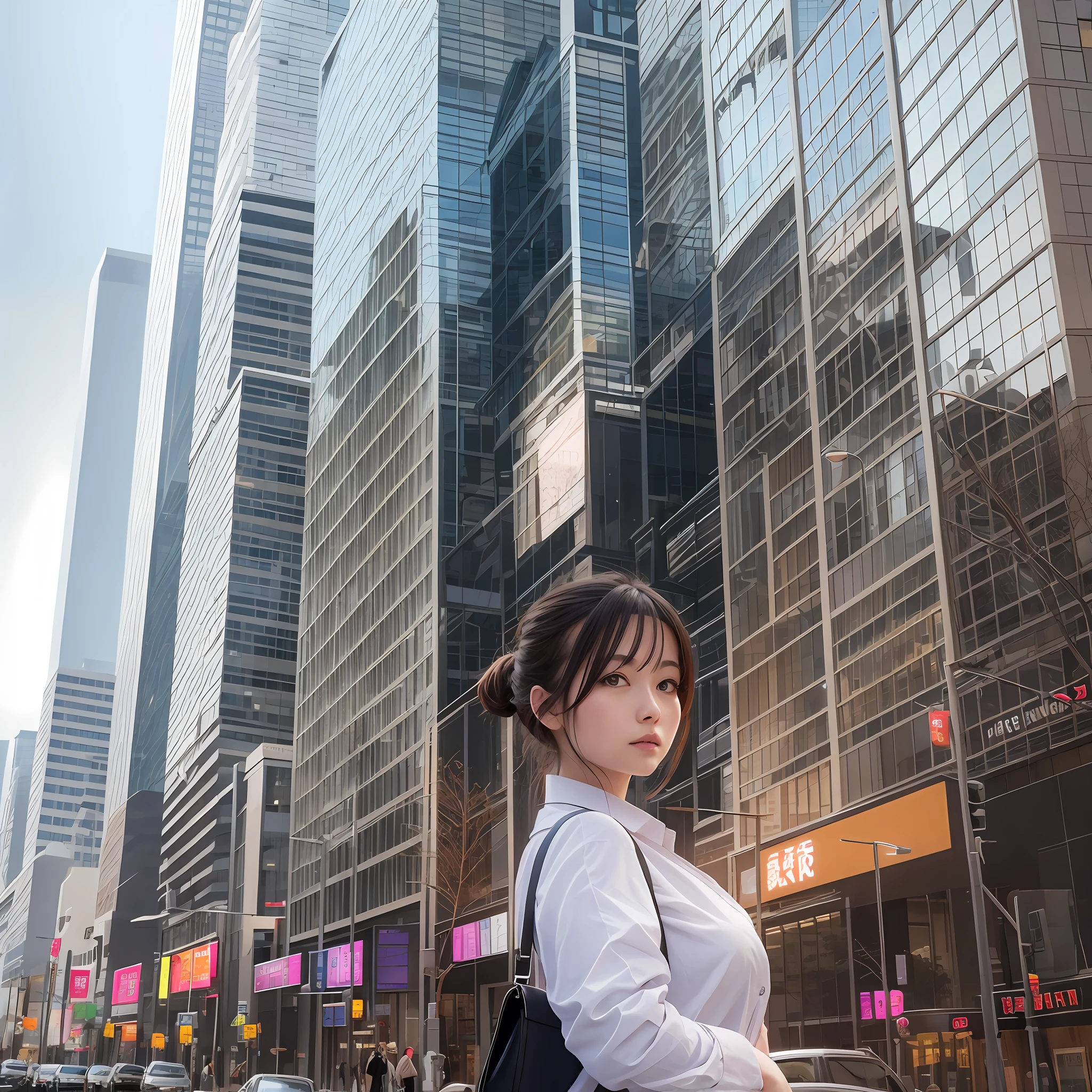 office district, building, stock price board, news, beautiful girl looking at stock price board, official art --auto --s2