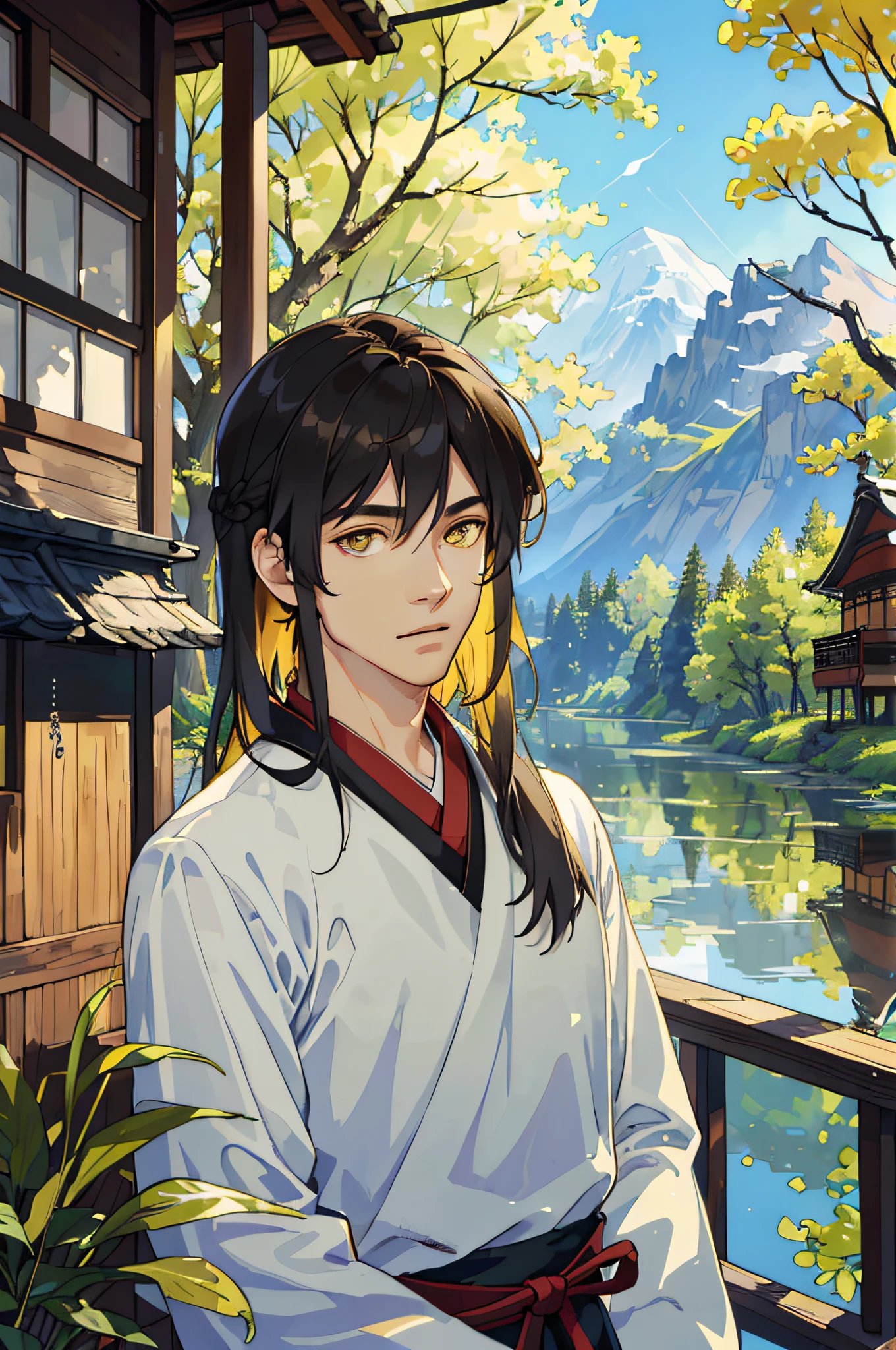 Masterpiece, Excellent, Solo, Adult, Delicate Eyes and Delicate Face, Intricate Details, Upper Body: 1.2, Scenic Far Mountains, Willow Trees, Reflections, Sunlit Clouds, Tranquil Atmosphere, Wooden House Background, Ancient Chinese Clothing, Brunette Hair, Yellow Eyes, ((Long hair Ear, adult, mature,, Handsome,, Wooden House Background, Dappled Sunlight, Daytime, Plants, Summer, Depth of Field, Very Detailed Face, Fantasy, Mythology, abs