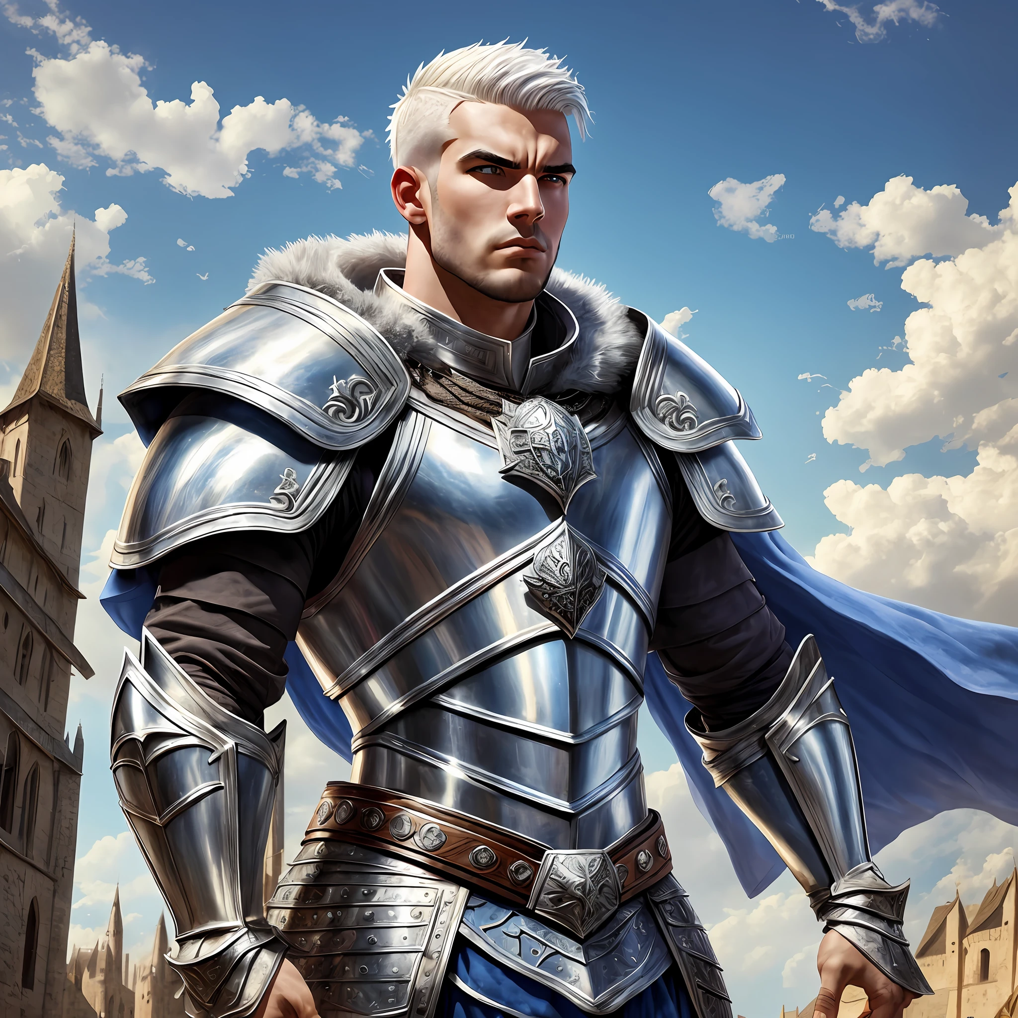 Young man tall muscular, wide, bright-eyed, With shaved White hair, wearing a medieval Armor with wolf shoulder pads, silver breastplate and a hairy cape Blue, angry, looking up at the sky in a medieval square, Realistic, Full HD, best quality