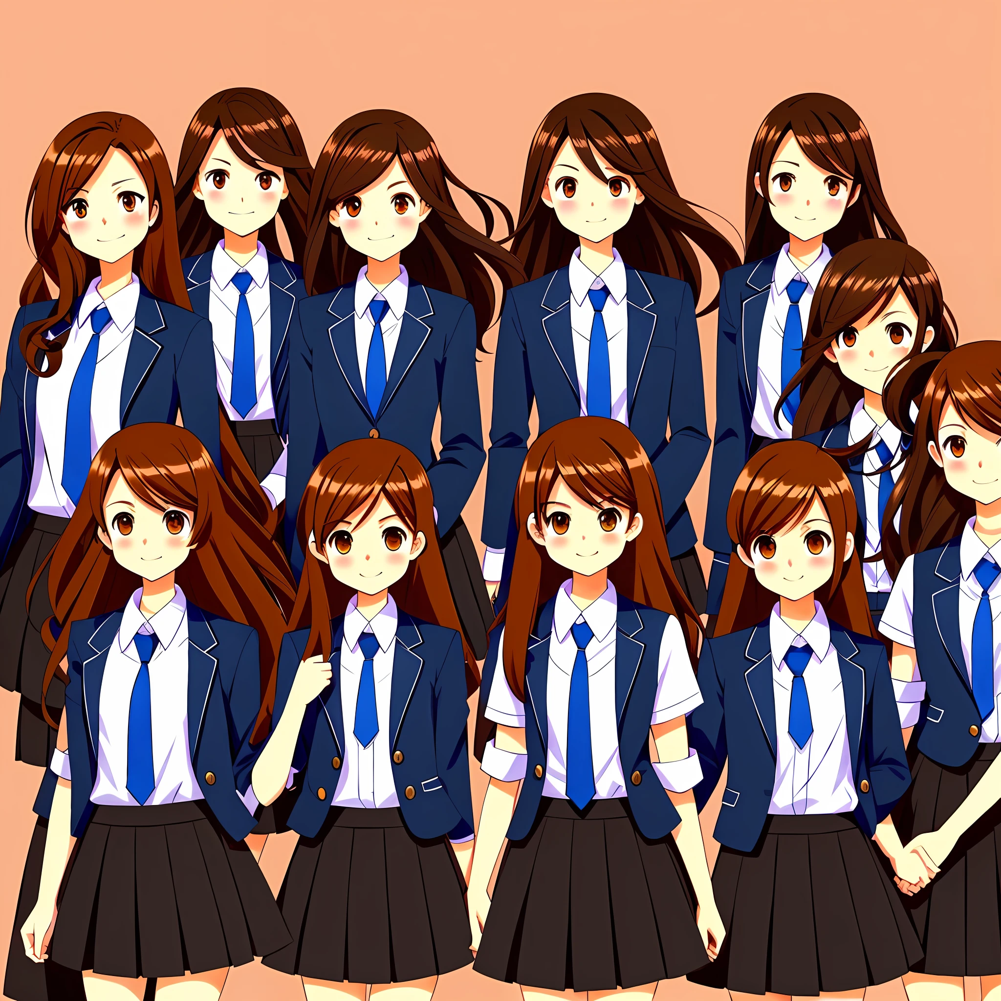 perfect anime illustration, brown hair, wavy hair, hazel eyes, 1girl, smiling, blue skirt suit, black high heels, businesswoman, highres, full body, thousands of girls, identical sisters, matching outfits, matching hairstyles, matching faces, group photo