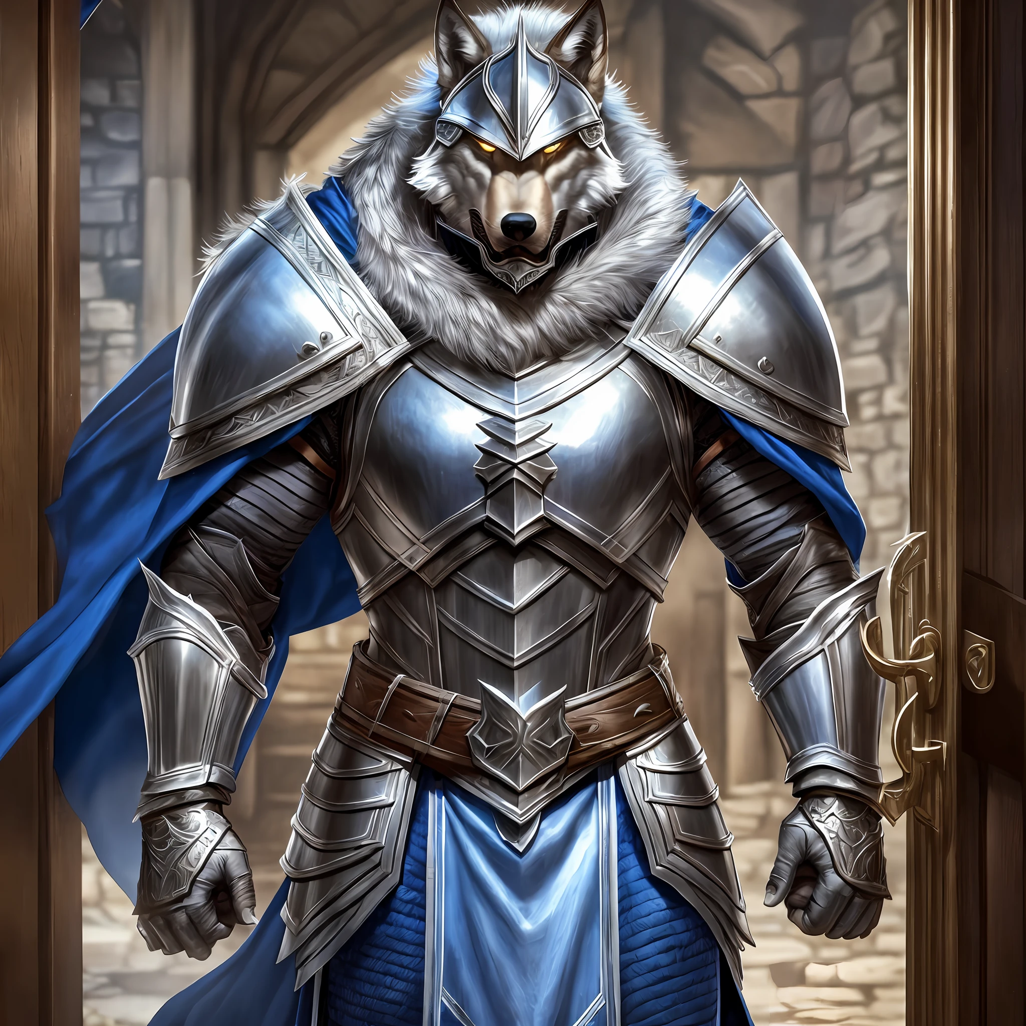 Young muscular tall man, wide, wearing a medieval Armor with wolf helmet, wolf shoulder pads, silver breastplate and a furry Blue cape, angry at the entrance door of a tavern, Realistic, Full HD, best quality