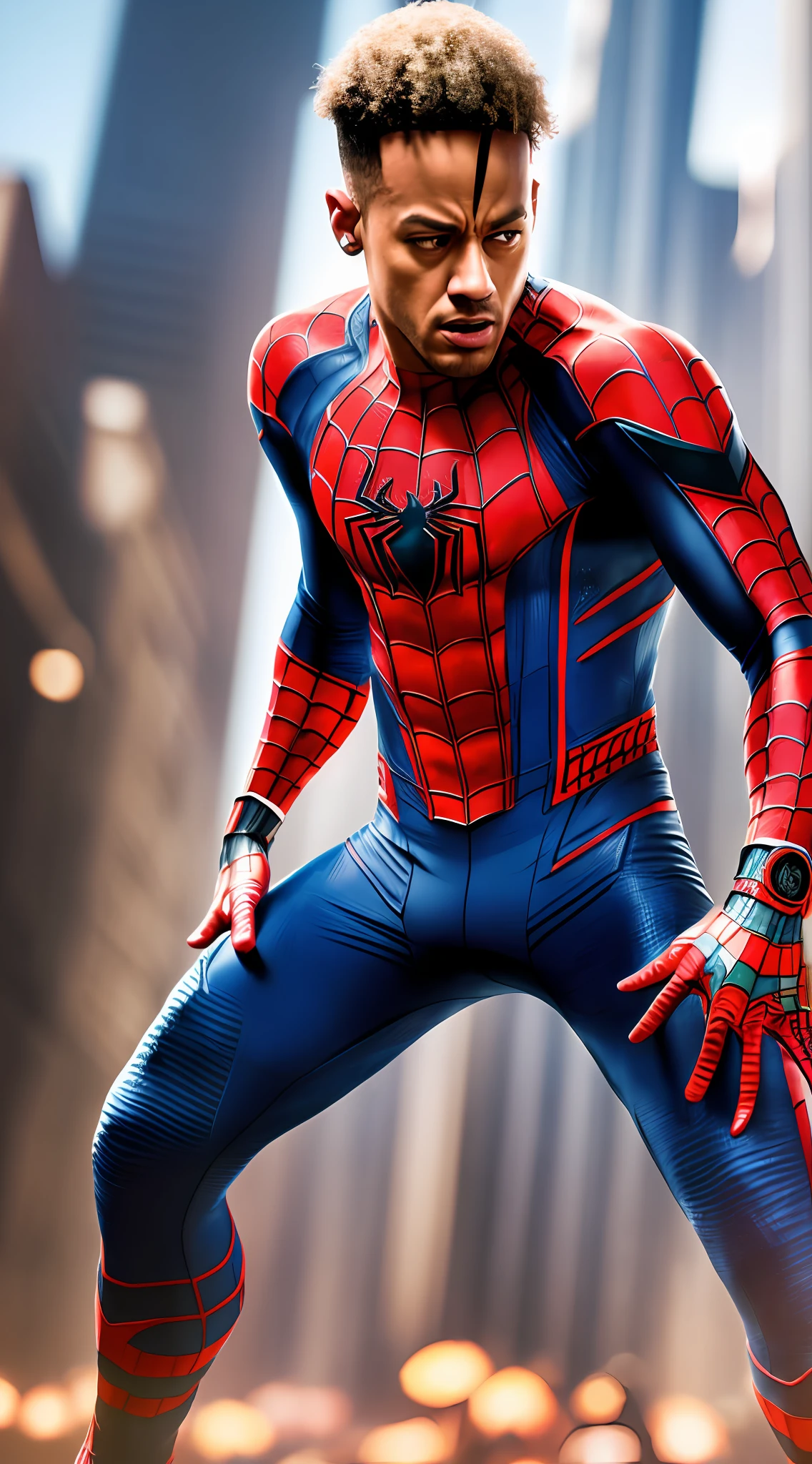 Ultra realistic photo of Neymar Jr in Spiderman appearance, Marvel's Spiderman costume, full body, no mask, with soft lighting and delicate details, 16K cinematic capture to suit the trend of Octane and Artstation. --auto --s2