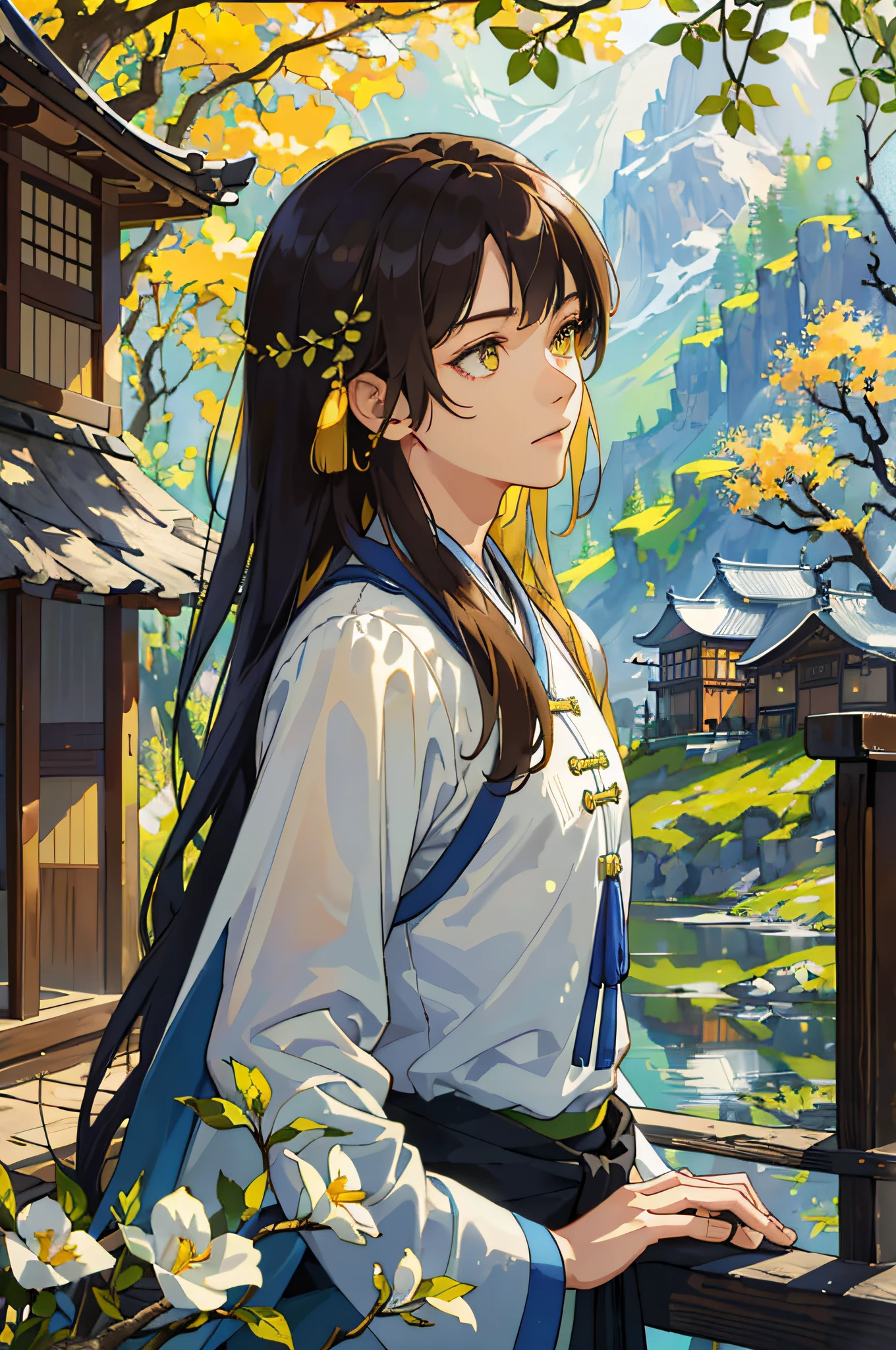 Masterpiece, Excellent, Solo, Adult, Delicate Eyes and Delicate Face, Intricate Details, Upper Body: 1.2, Scenic Far Mountains, Willow Trees, Reflections, Sunlit Clouds, Tranquil Atmosphere, Wooden House Background, Ancient Chinese Clothing, Brunette Hair, Yellow Eyes, ((Long hair Ear, adult, mature,, Handsome,, Wooden House Background, Dappled Sunlight, Daytime, Plants, Summer, Depth of Field, Very Detailed Face, Fantasy, Mythology, abs