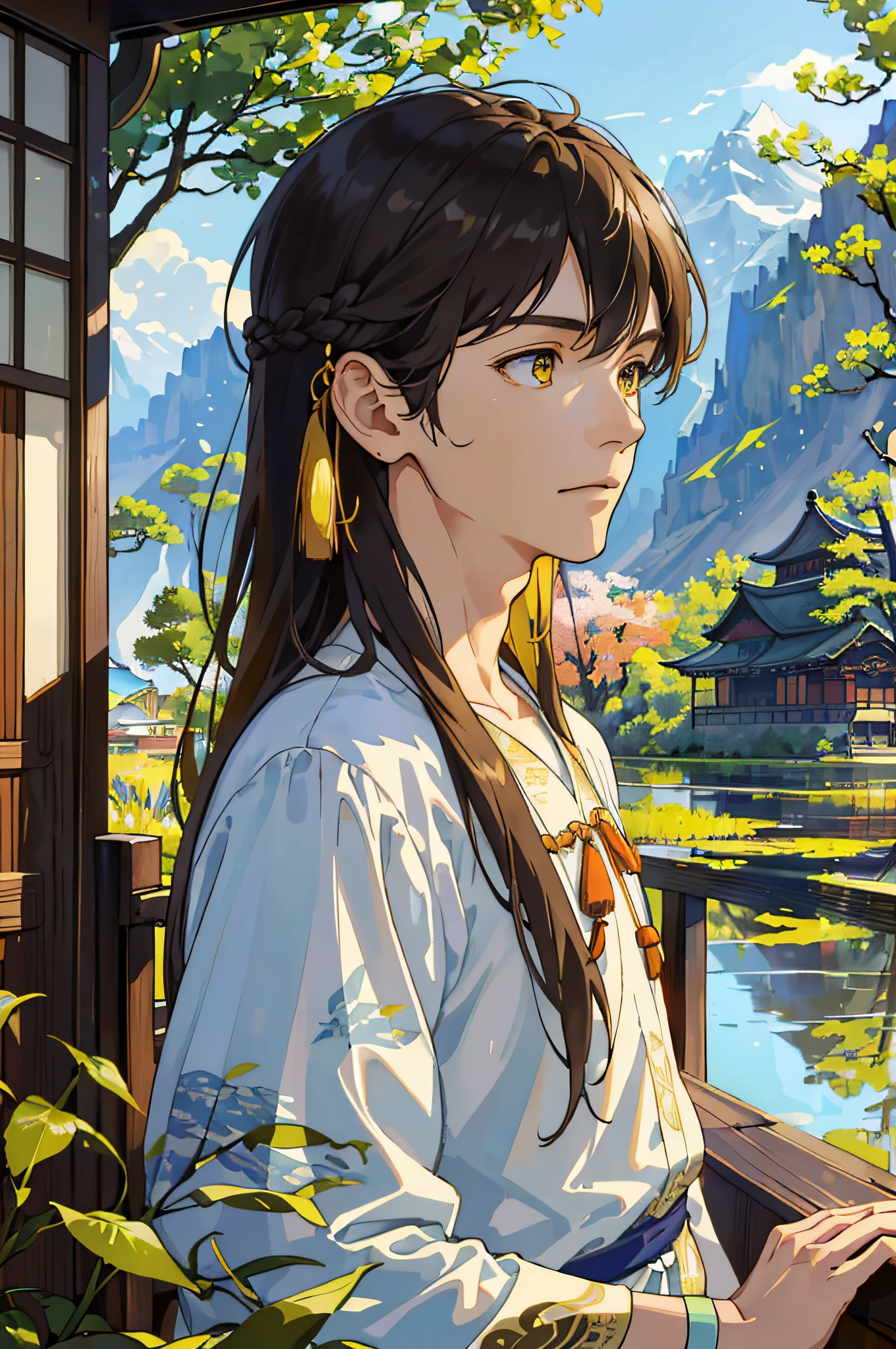 Masterpiece, Excellent, Solo, Adult, Delicate Eyes and Delicate Face, Intricate Details, Upper Body: 1.2, Scenic Far Mountains, Willow Trees, Reflections, Sunlit Clouds, Tranquil Atmosphere, Wooden House Background, Ancient Chinese Clothing, Brunette Hair, Yellow Eyes, ((Long hair Ear, adult, mature,, Handsome,, Wooden House Background, Dappled Sunlight, Daytime, Plants, Summer, Depth of Field, Very Detailed Face, Fantasy, Mythology, abs