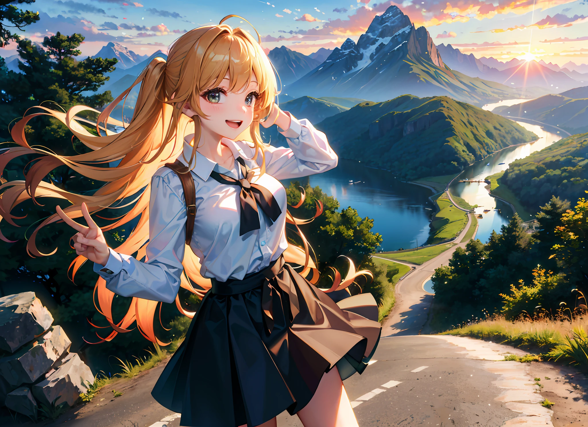 best quality, masterpiece, kat, summer, wind skirt, wind hair, running, river, mountain, forest, nature, detailed reflex, sunset, cinematic lighting, caustics, (wide shot:1.1), detailed cute girl, mountain road, overlook, smile, open mouth,