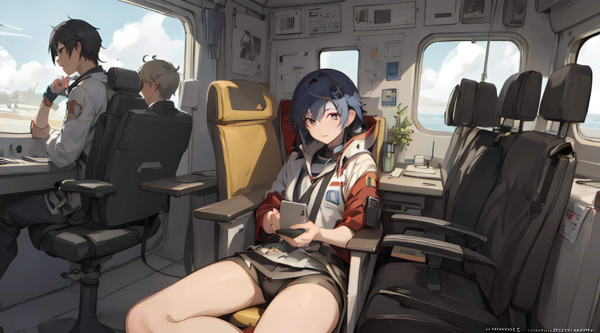 anime character sitting in a plane with a cell phone, high quality anime artstyle, young anime man, makoto shinkai ( apex legends ), anime moe artstyle, detailed digital anime art, artwork in the style of guweiz, digital anime illustration, kawacy, makoto shinkai art style, makoto shinkai style, official art, male anime style