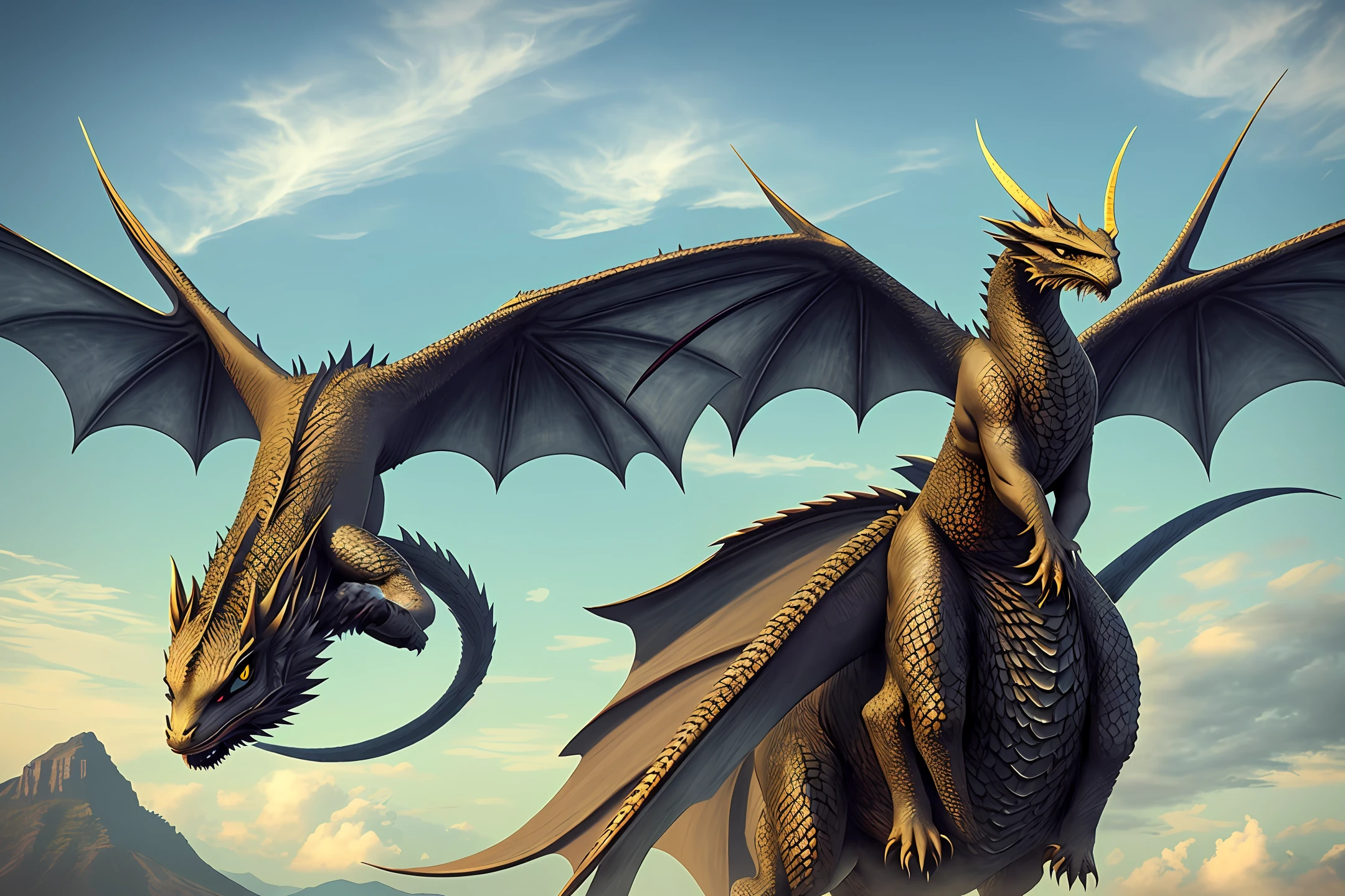 The dragon clan is tall, the dragon's head is raised, and the eyes are deep and solemn. Their bodies are covered with thick dragon scales, which are arranged in an orderly manner and stretch freely, each piece emitting light. When the dragon family flies, its limbs are separated, and a pair of powerful wings fly in the air and swim in the deep ocean under a strong wind, giving people a magnificent and mysterious feeling.