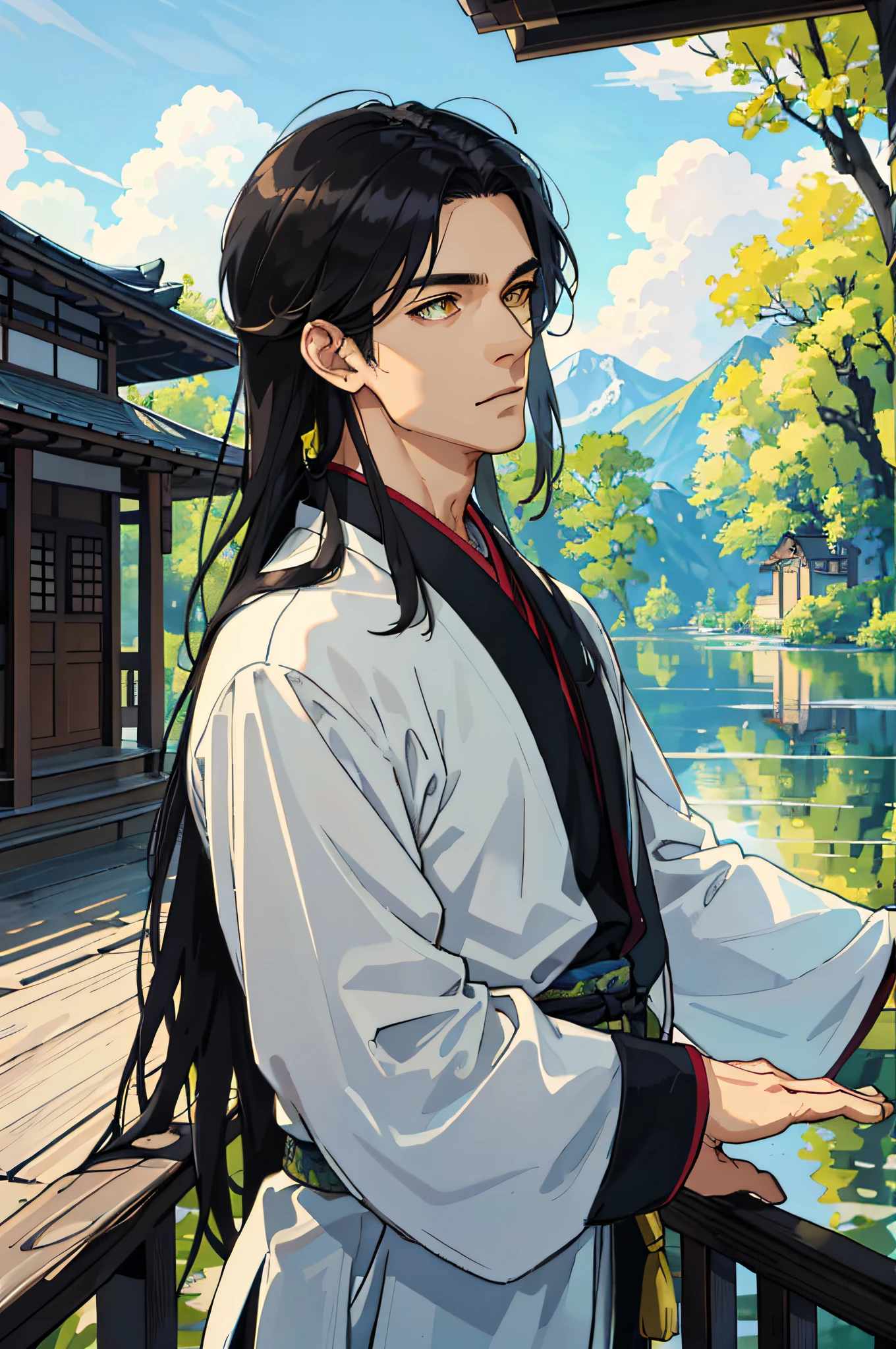 Masterpiece, Excellent, Solo, Adult, Delicate Eyes and Exquisite Face, Intricate Details, Upper Body: 1.2, Scenic Far Mountains, Willow Trees, Reflections, Sunlit Clouds, Tranquil Atmosphere, Wooden House Background, Ancient Chinese Clothing, Black Hair, Yellow Eyes, ((Long hair Ear, adult, mature,, Handsome,, Wooden House Background,, Day,, Summer, Depth of Field, Very Detailed Face, Fantasy, Mythology,, abs