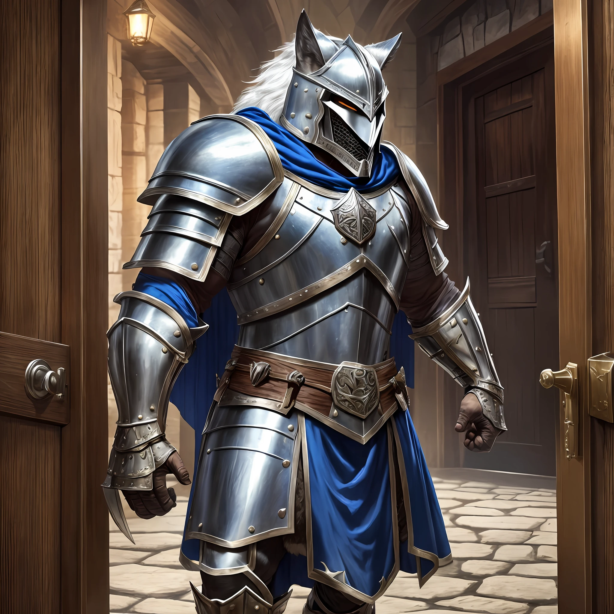 Young muscular tall, wide man, wearing a medieval Armor with closed wolf helmet, wolf shoulder pads, silver breastplate and a Blue furry cape, angry at the entrance door of a tavern, Realistic, Full HD, best quality