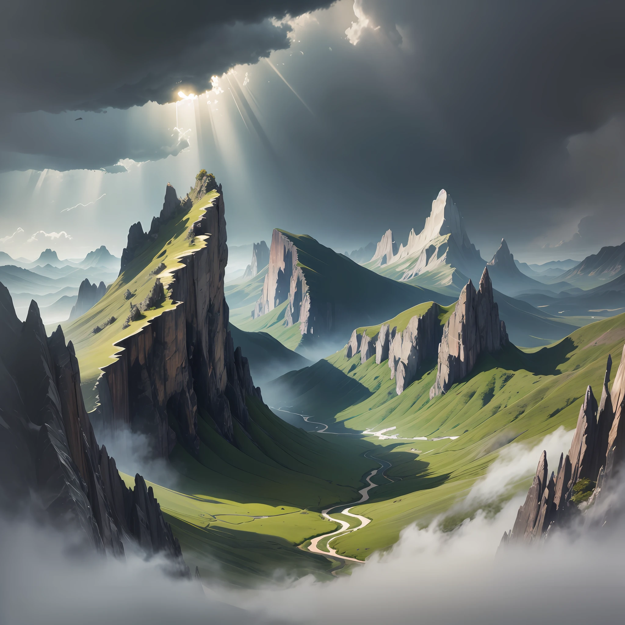 dark storm with dark tones and on the edges of gray tones, and the sun's ray making a hole in the form of rays falling on a highly detailed greenish valley| --auto --s2