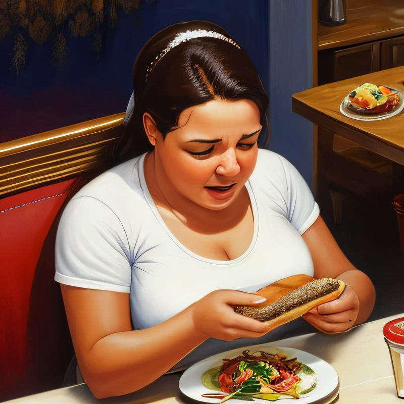 Oil painting, A white woman with a large belly was sitting in a chair, eating a sandwich with much enthusiasm. His face was sweaty and red, and he seemed to be struggling to breathe as he chewed. Her hands were covered in crumbs, and she seemed to be having a great time with her unhealthy meal. The woman's shirt was tight on her sweaty skin, and she seemed to be completely unconcerned with her physical appearance as she indulged in her food, devoid of beauty.