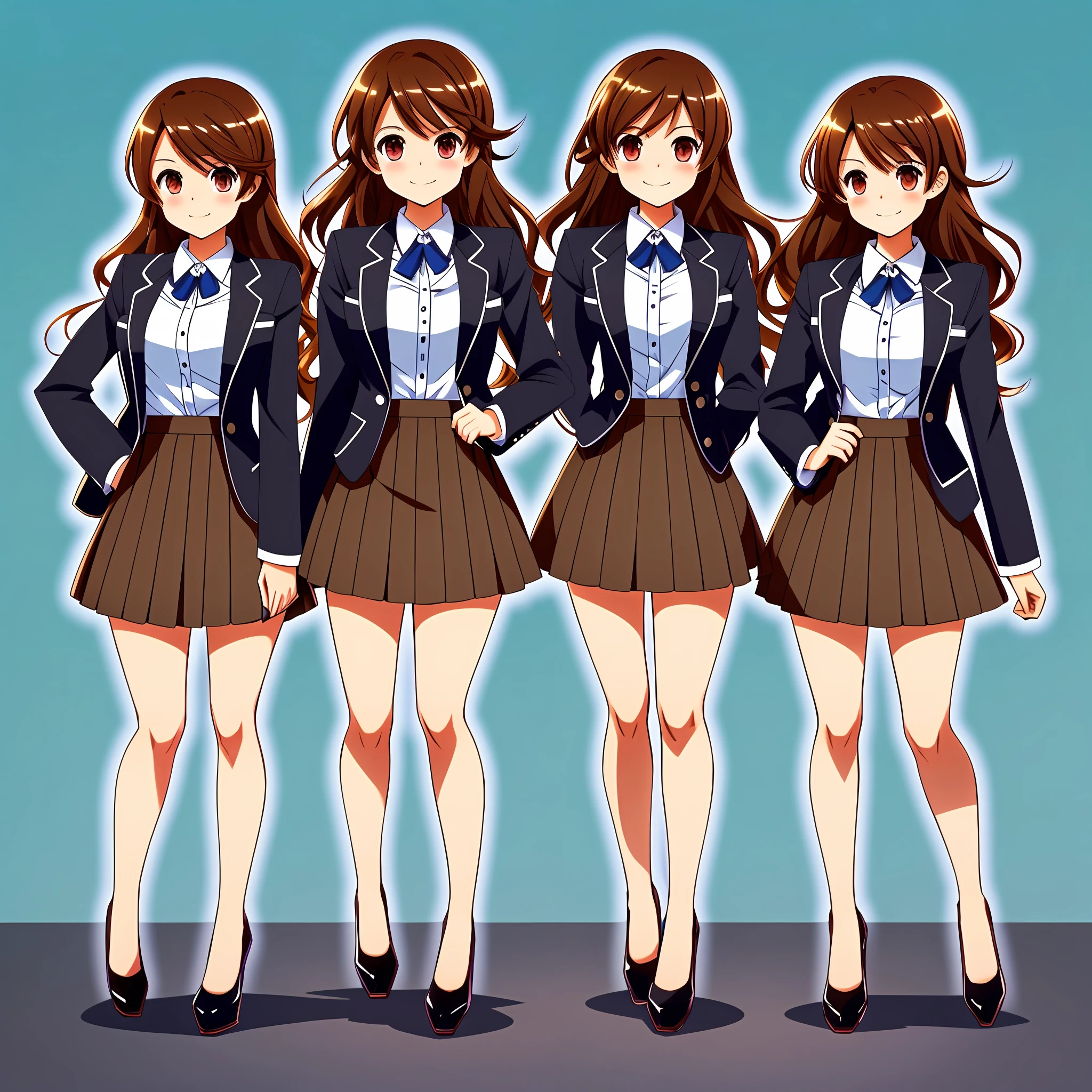 perfect anime illustration, brown hair, wavy hair, hazel eyes, 1girl, smiling, blue skirt suit, black high heels, businesswoman, highres, full body, thousands of girls, identical sisters, matching outfits, matching hairstyles, matching faces, group photo