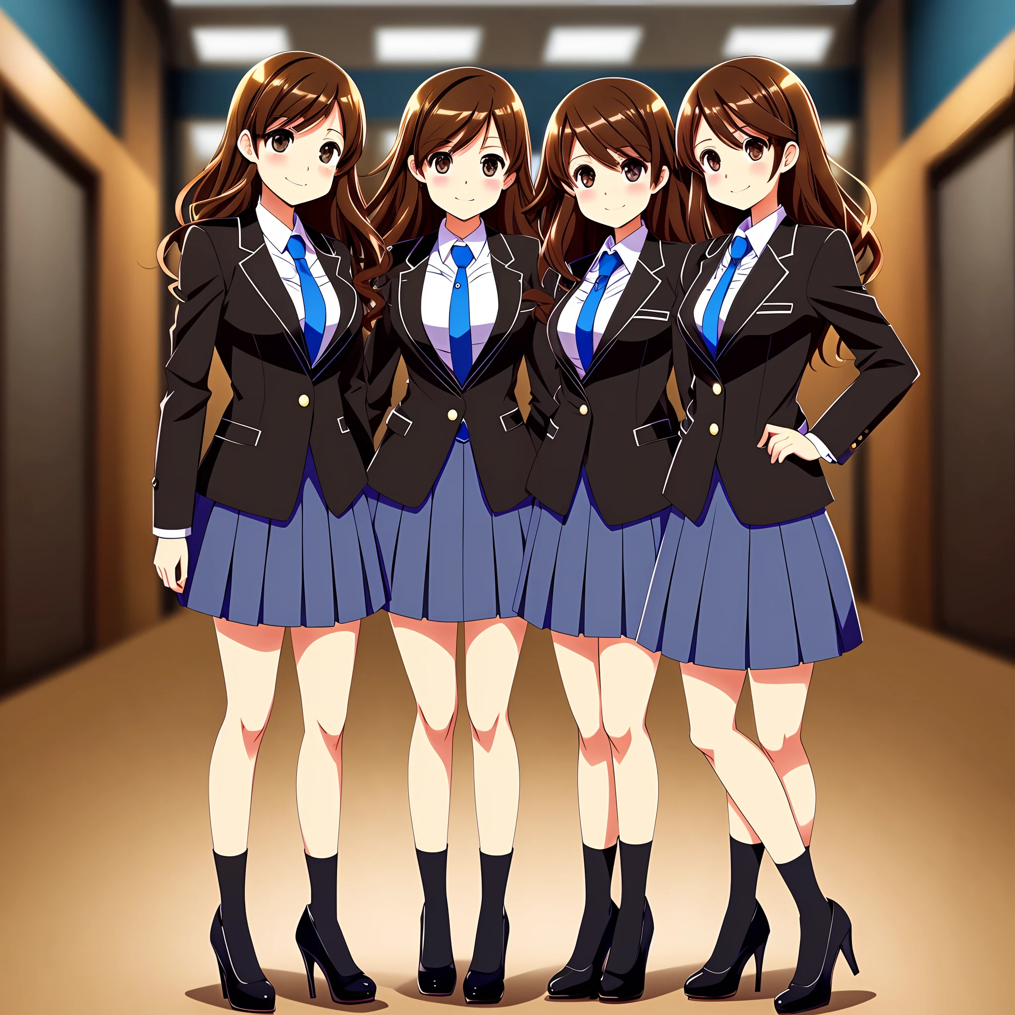 perfect anime illustration, brown hair, wavy hair, hazel eyes, 1girl, smiling, blue skirt suit, black high heels, businesswoman, highres, full body, thousands of girls, identical sisters, matching outfits, matching hairstyles, matching faces, group photo