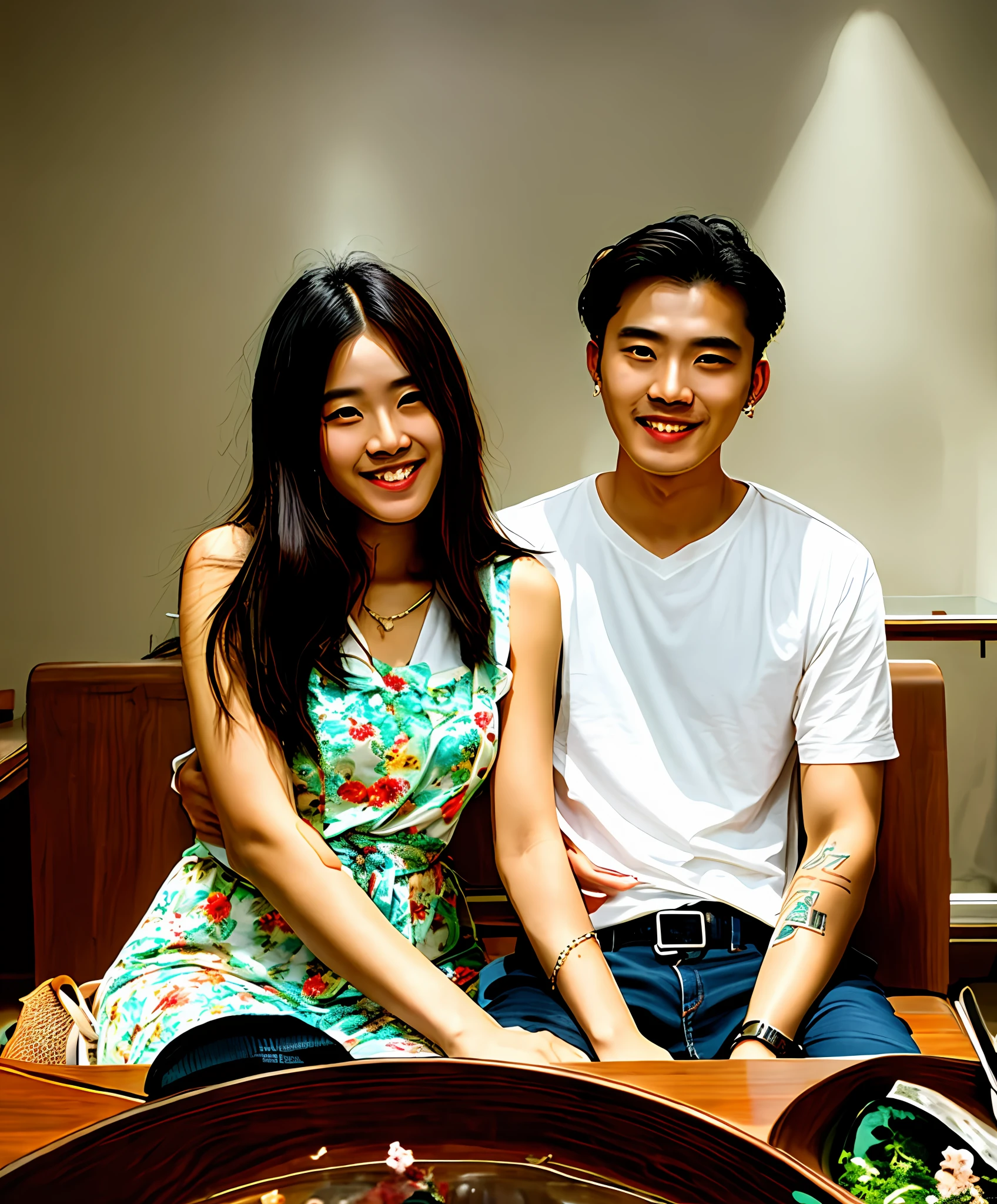 there is a man and woman sitting next to each other at a table, Korean idol couple , lovely couple, 8k.