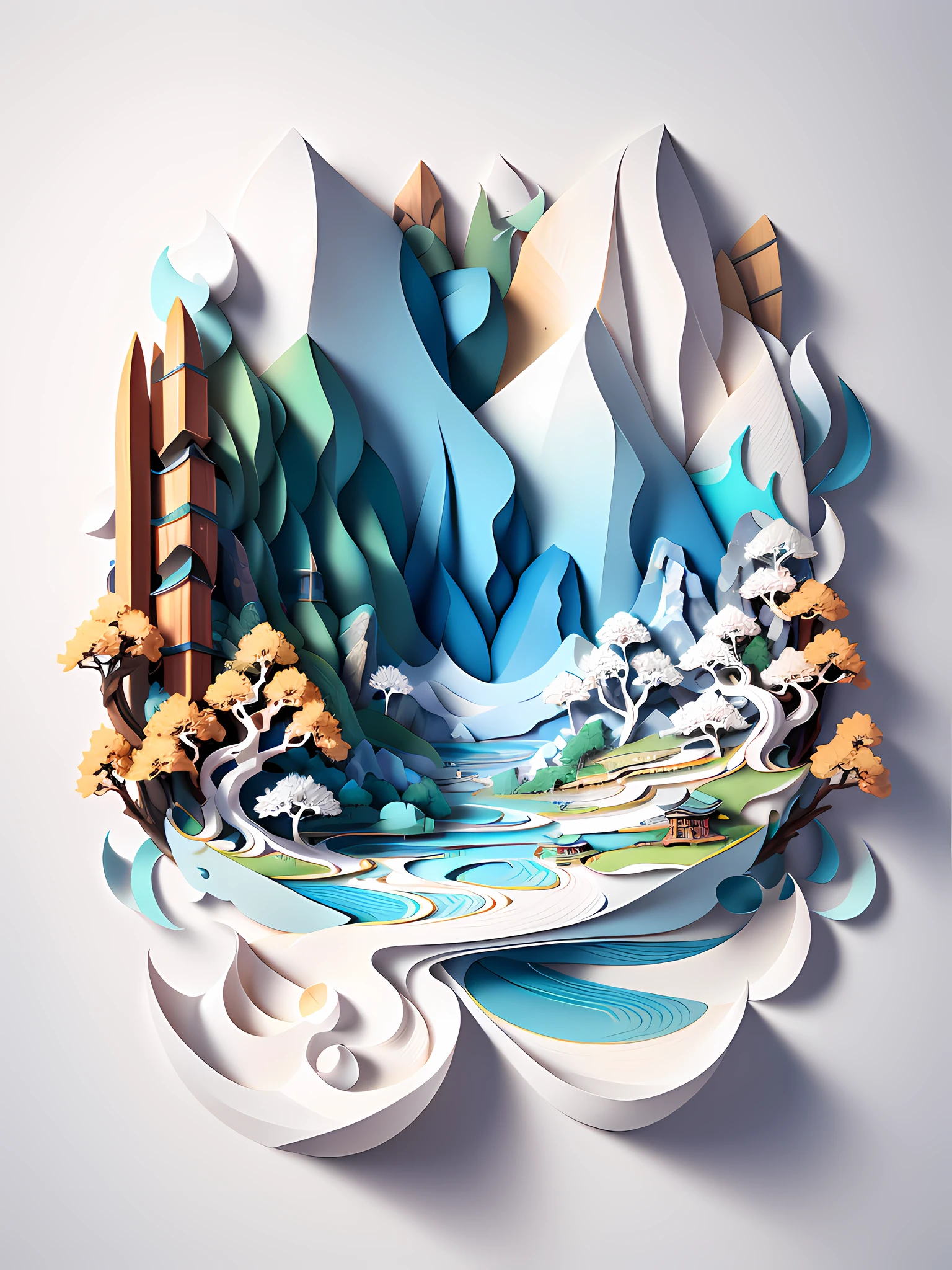 Traditional Chinese landscape painting, paper creation, 3D stereoscopic rendering, color gradient from white to light blue, 4K resolution, simple and natural composition, :white background, fresh and vulgar style. (:nature:)