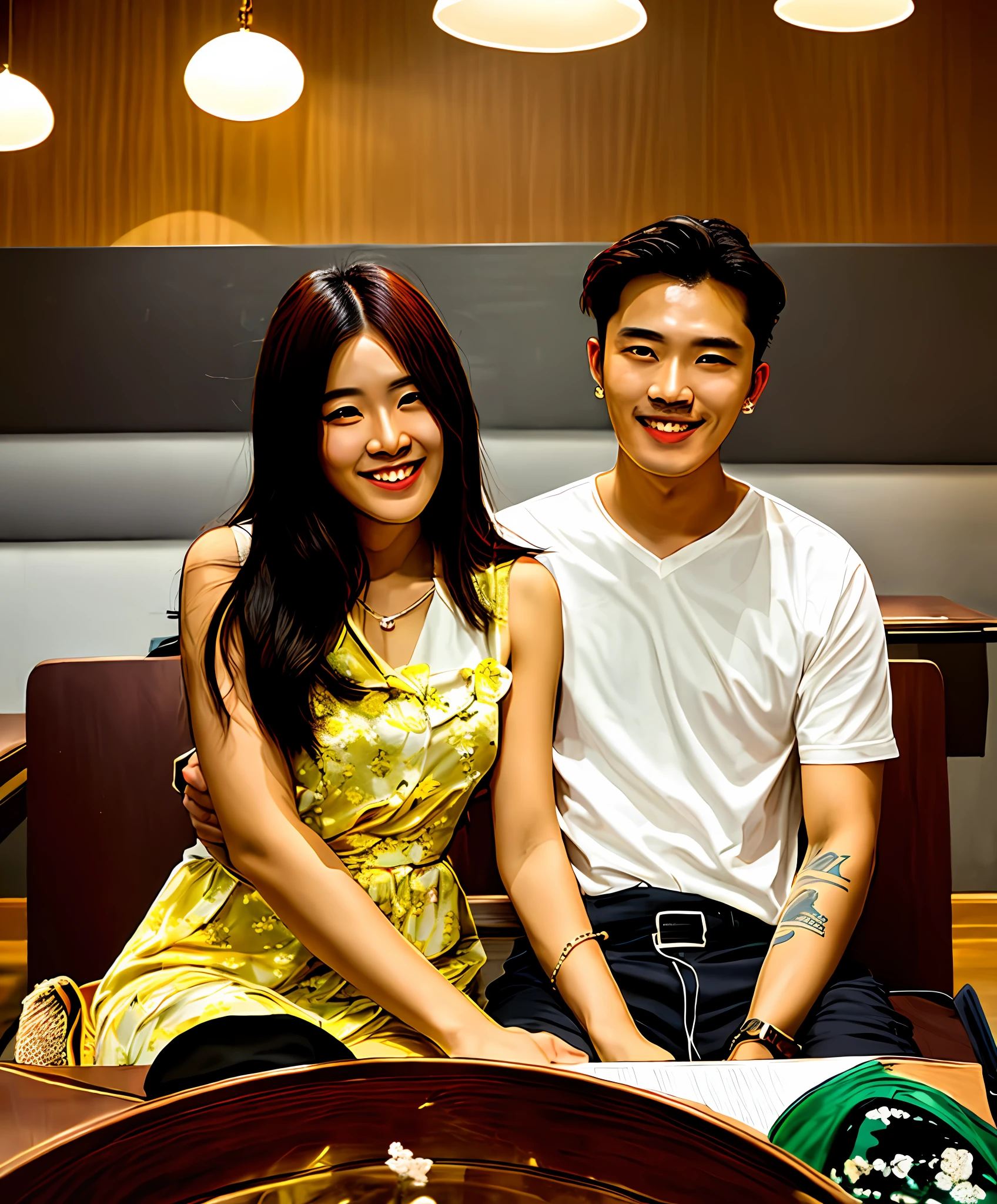 there is a man and woman sitting next to each other at a table, Korean idol couple , lovely couple, 8k.