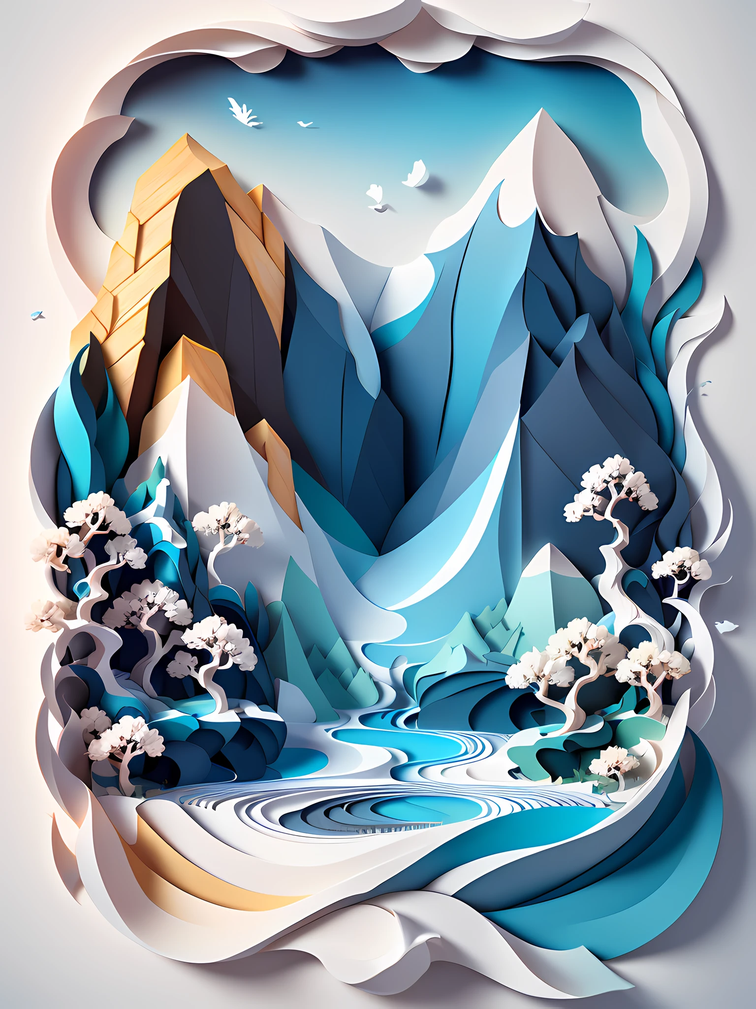 Traditional Chinese landscape painting, paper creation, 3D stereoscopic rendering, color gradient from white to light blue, 4K resolution, simple and natural composition, :white background, fresh and vulgar style. (:nature:)