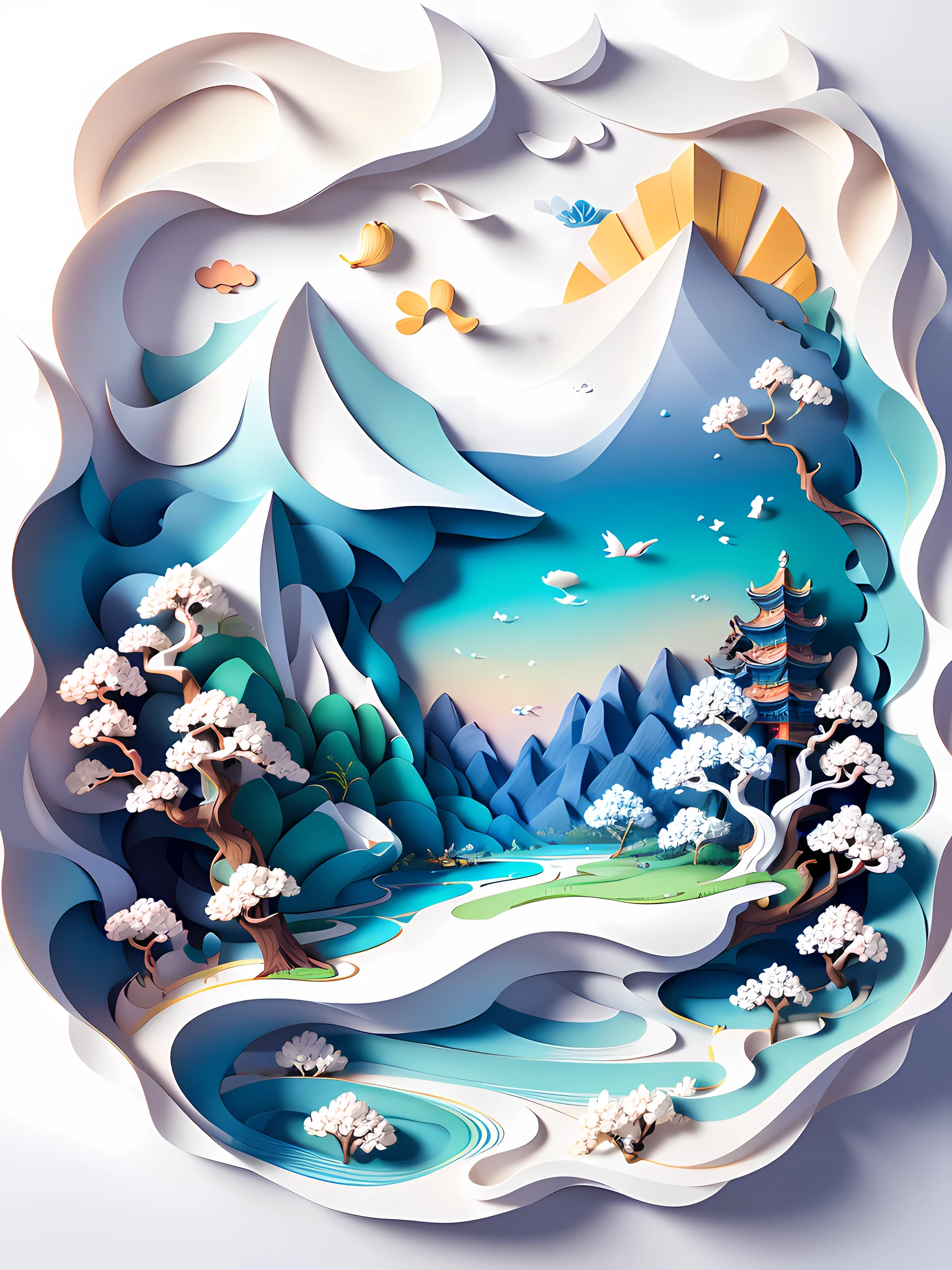Traditional Chinese landscape painting, paper creation, 3D stereoscopic rendering, color gradient from white to light blue, 4K resolution, simple and natural composition, :white background, fresh and vulgar style. (:nature:)