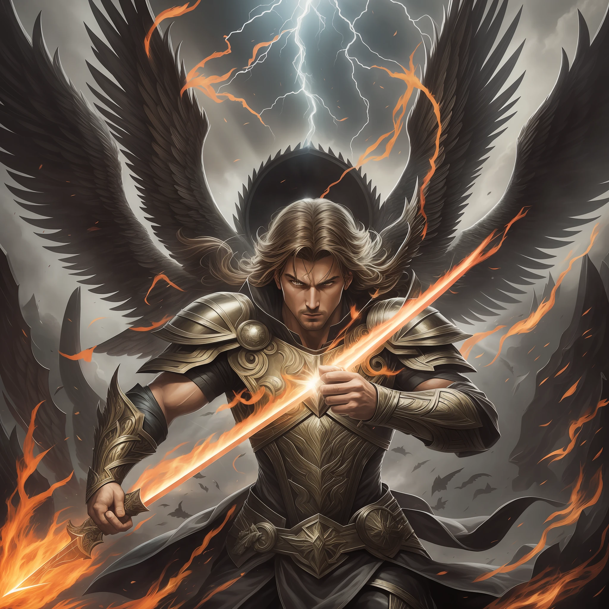 Archangel Gabriel in battle against the forces of darkness, wielding a flaming sword and exuding strength and determination. The artwork is dynamic and powerful, capturing Gabriel's warrior aspect. The mood is intense and filled with righteous fury. The lighting style is dramatic, with rays of light cutting through the darkness. The graphic design is detailed and ultra-realistic, enclosed within a rugged grunge frame on a white background. --auto --s2