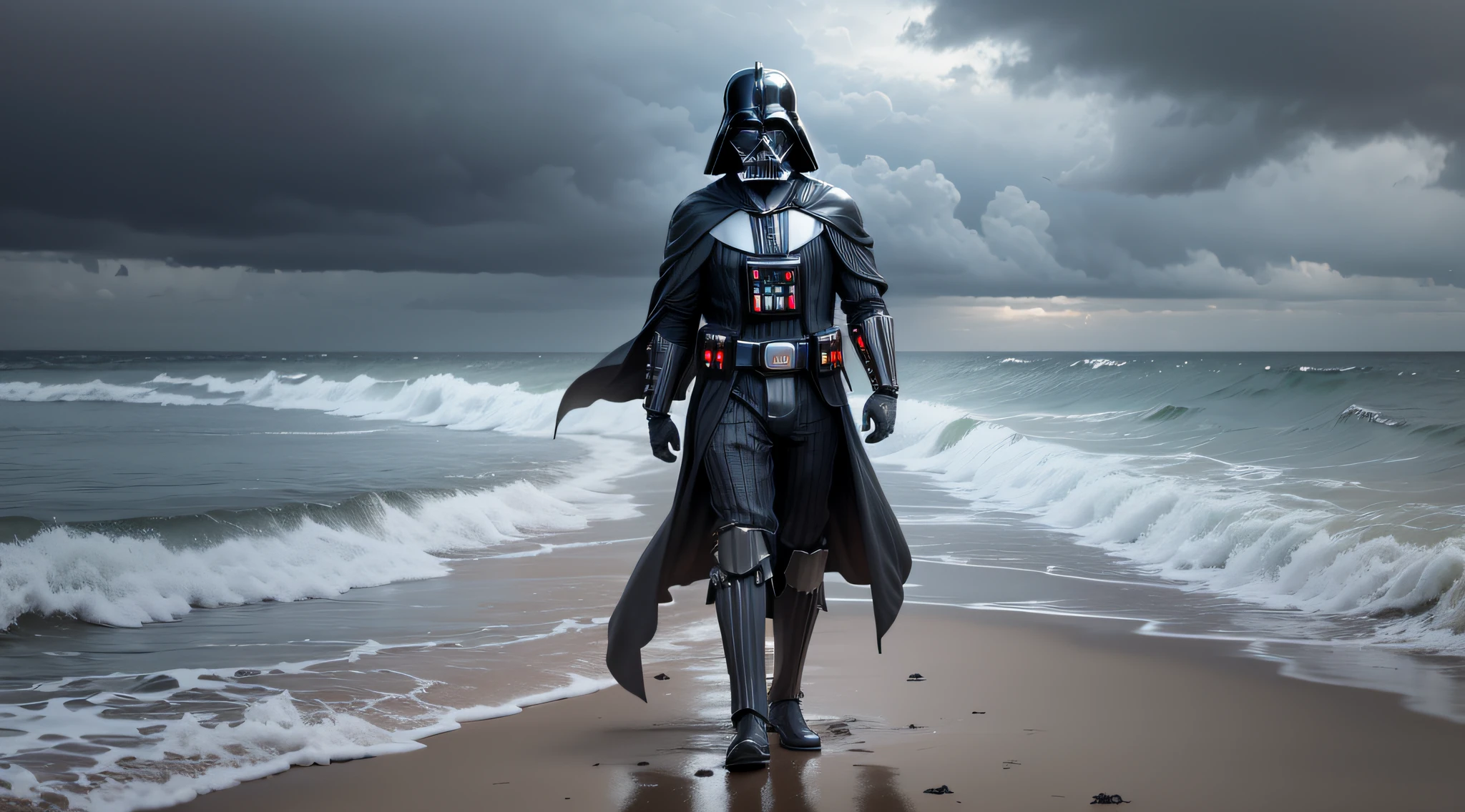 (BEST QUALITY, REALISTIC) DARTH VADER, BEACH BACKGROUND, GLOOMY WEATHER, OVERCAST SKY, IN THE MIDDLE OF A WAR, 8K --auto --s2