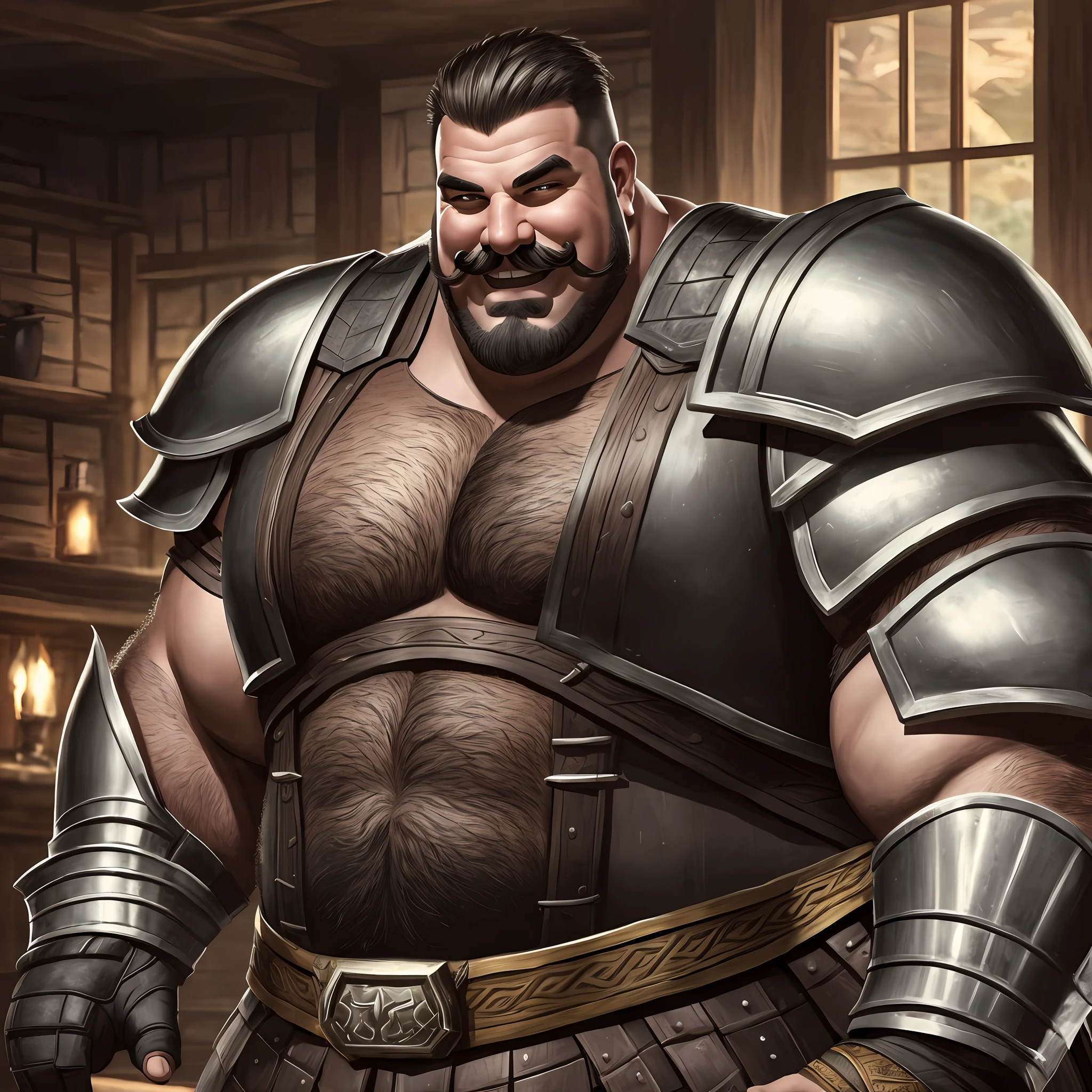 Giant fat muscular man, with mustache, wearing black armor, smiling in a tavern, Realistic, Full HD, Best Quality