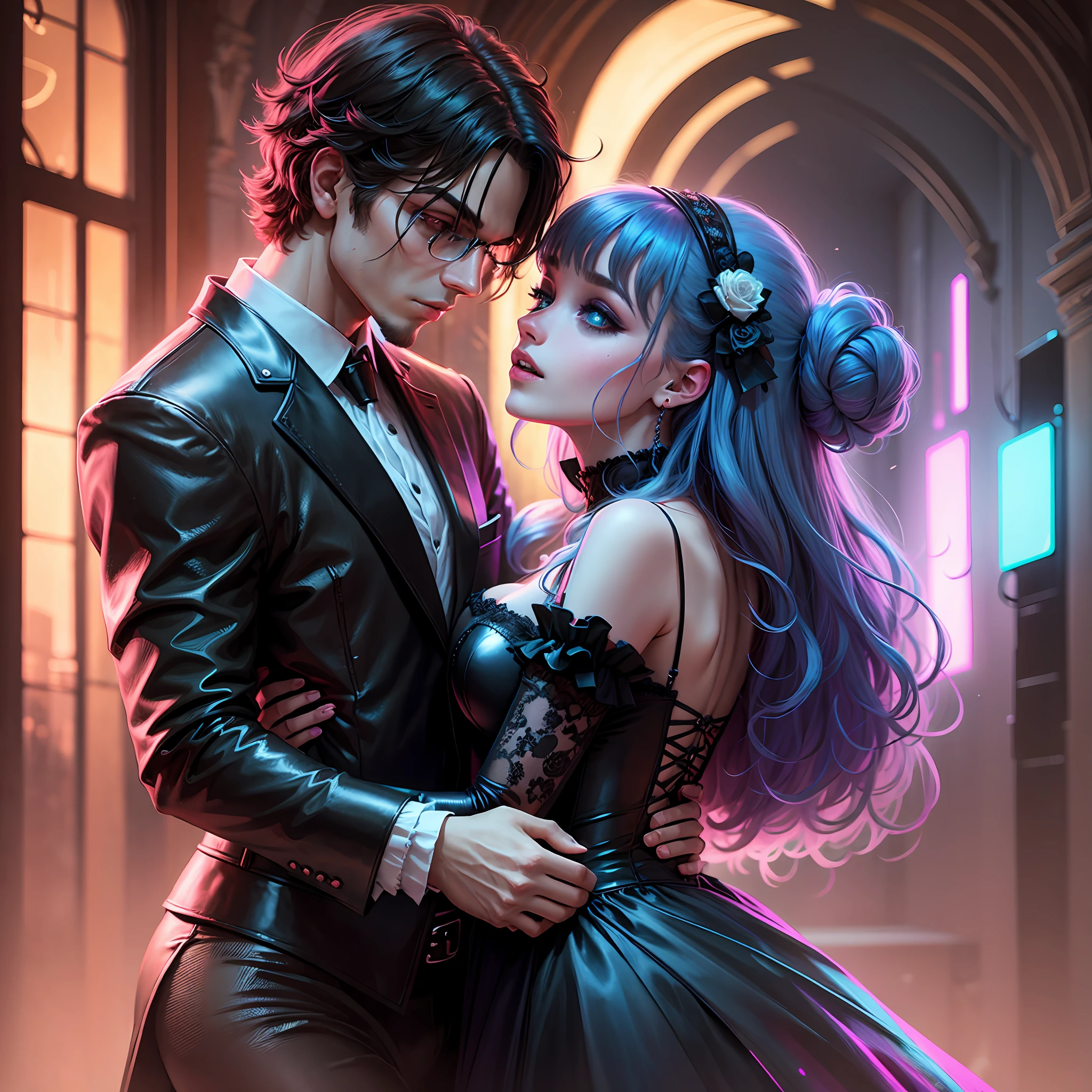 (high quality),(neon) Couple dancing in a gothic setting --auto --s2