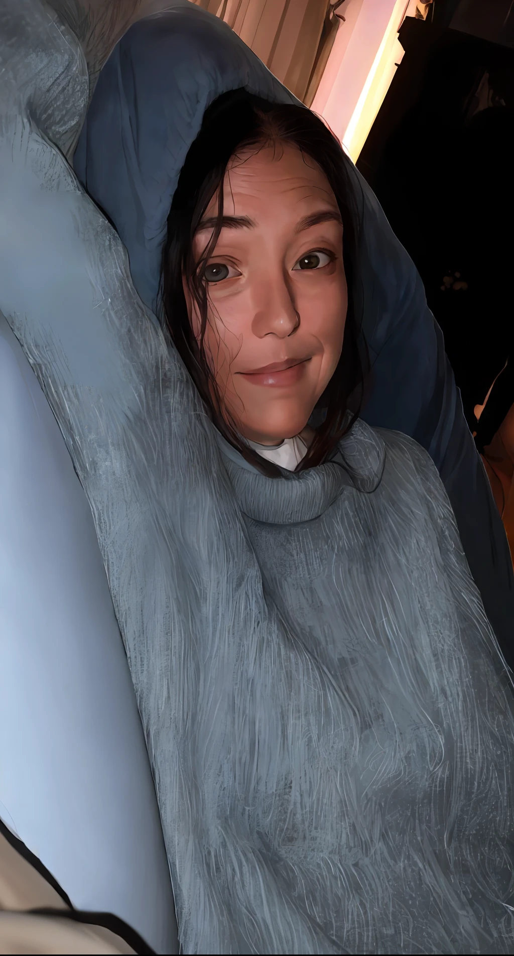 woman laying on a couch with a blanket on her head, relaxing and smiling at camera, relaxing on the couch, highly relaxed, relaxing after a hard day, relaxing on a couch, chilled out smirk on face, portrait of a 40 years old women, relaxed pose, happy cozy feelings, sandra chevier, looking tired, épaule devant pose
