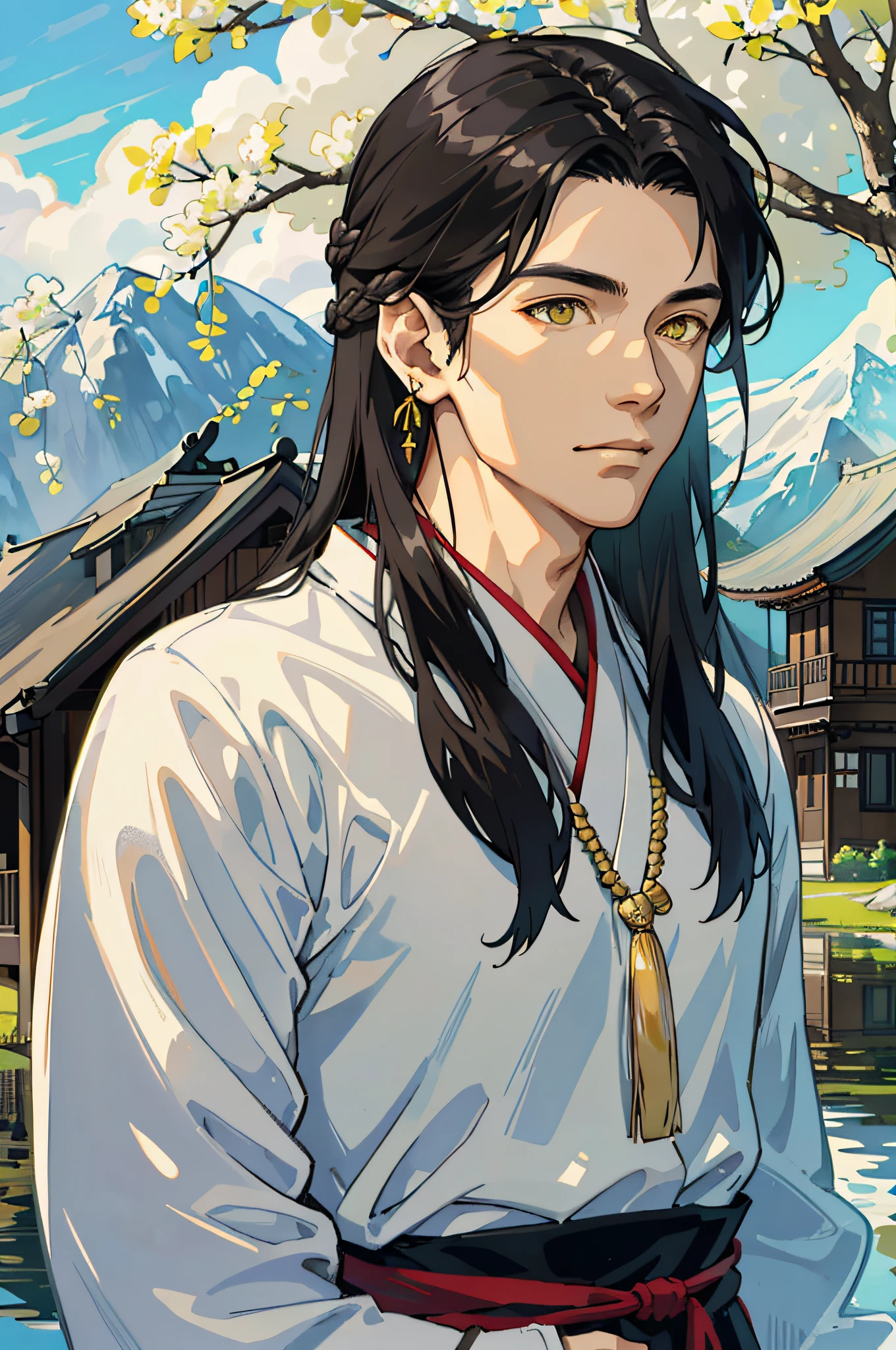 Masterpiece, Excellent, Solo, Adult, Delicate Eyes and Exquisite Face, Intricate Details, Upper Body: 1.2, Scenic Distant Mountains, Willow Trees, Reflections, Sunlit Clouds, Tranquil Atmosphere, Wooden House Background, Ancient Chinese Clothing, Black Hair, Yellow Eyes, ((Long hair Ear, adult, mature,, Handsome, Wooden House Background, Day,,Summer, Depth of Field, Very Detailed Face, Fantasy, Mythology,, abs