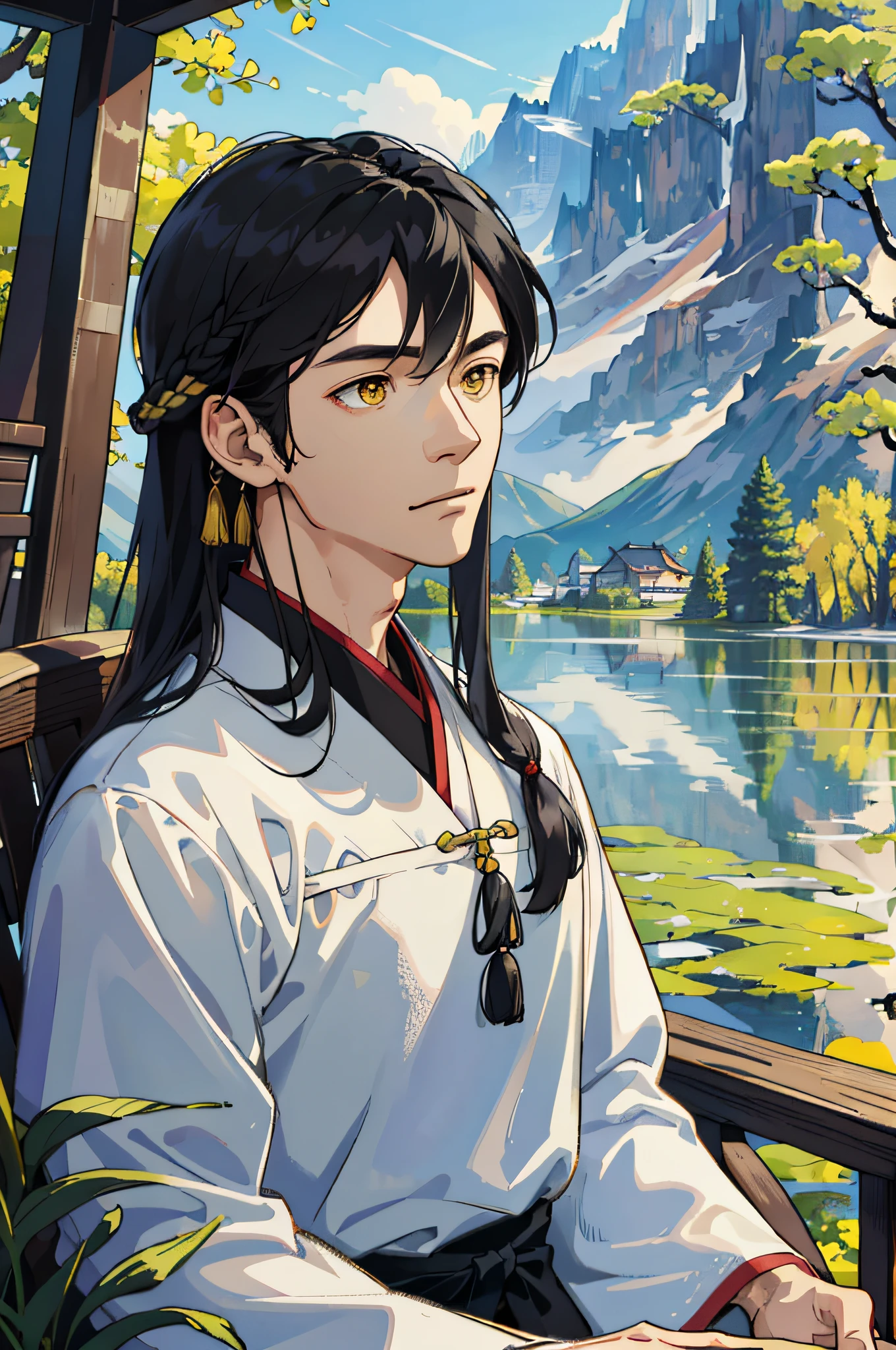 Masterpiece, Excellent, Solo, Adult, Delicate Eyes and Exquisite Face, Intricate Details, Upper Body: 1.2, Scenic Distant Mountains, Willow Trees, Reflections, Sunlit Clouds, Tranquil Atmosphere, Wooden House Background, Ancient Chinese Clothing, Black Hair, Yellow Eyes, ((Long hair Ear, adult, mature,, Handsome, Wooden House Background, Day,,Summer, Depth of Field, Very Detailed Face, Fantasy, Mythology,, abs