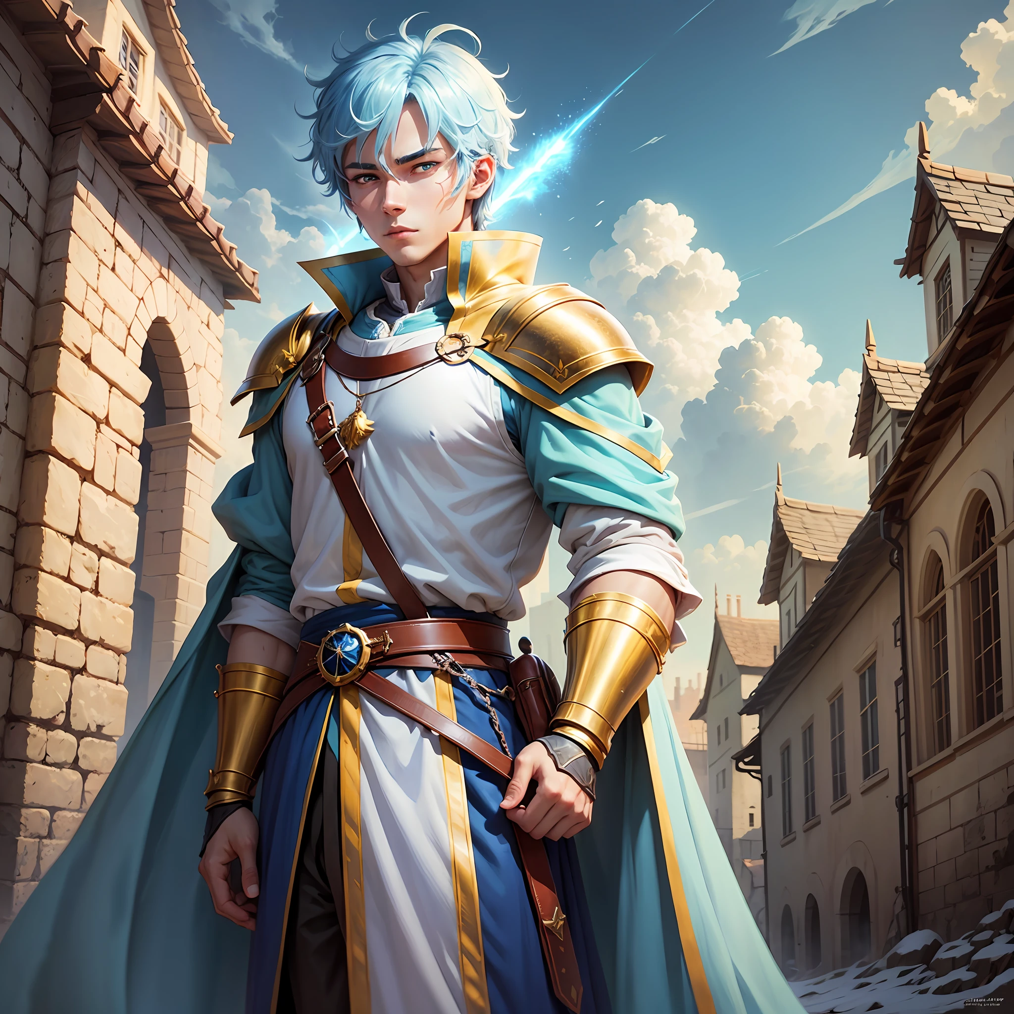 Anime man+light blue skin+ medieval scenery+golden eyes+ 16K FULL HD+wallpaper --auto --s2