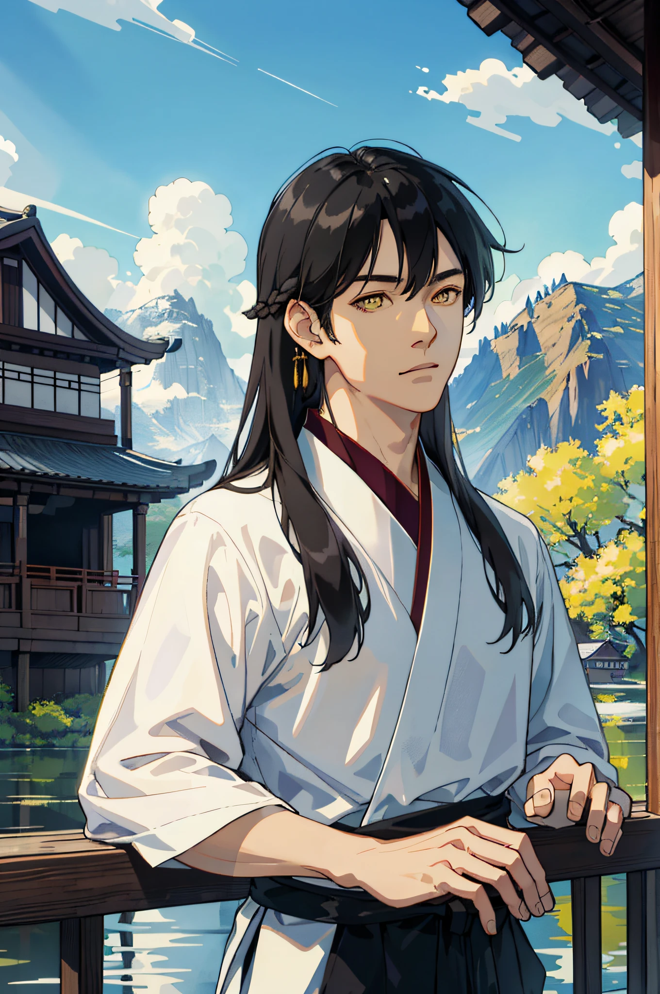 Masterpiece, Excellent, Solo, Adult, Delicate Eyes and Exquisite Face, Intricate Details, Upper Body: 1.2, Scenic Distant Mountains, Willow Trees, Reflections, Sunlit Clouds, Tranquil Atmosphere, Wooden House Background, Ancient Chinese Clothing, Black Hair, Yellow Eyes, ((Long hair Ear, adult, mature,, Handsome, Wooden House Background, Day,,Summer, Depth of Field, Very Detailed Face, Fantasy, Mythology,, abs
