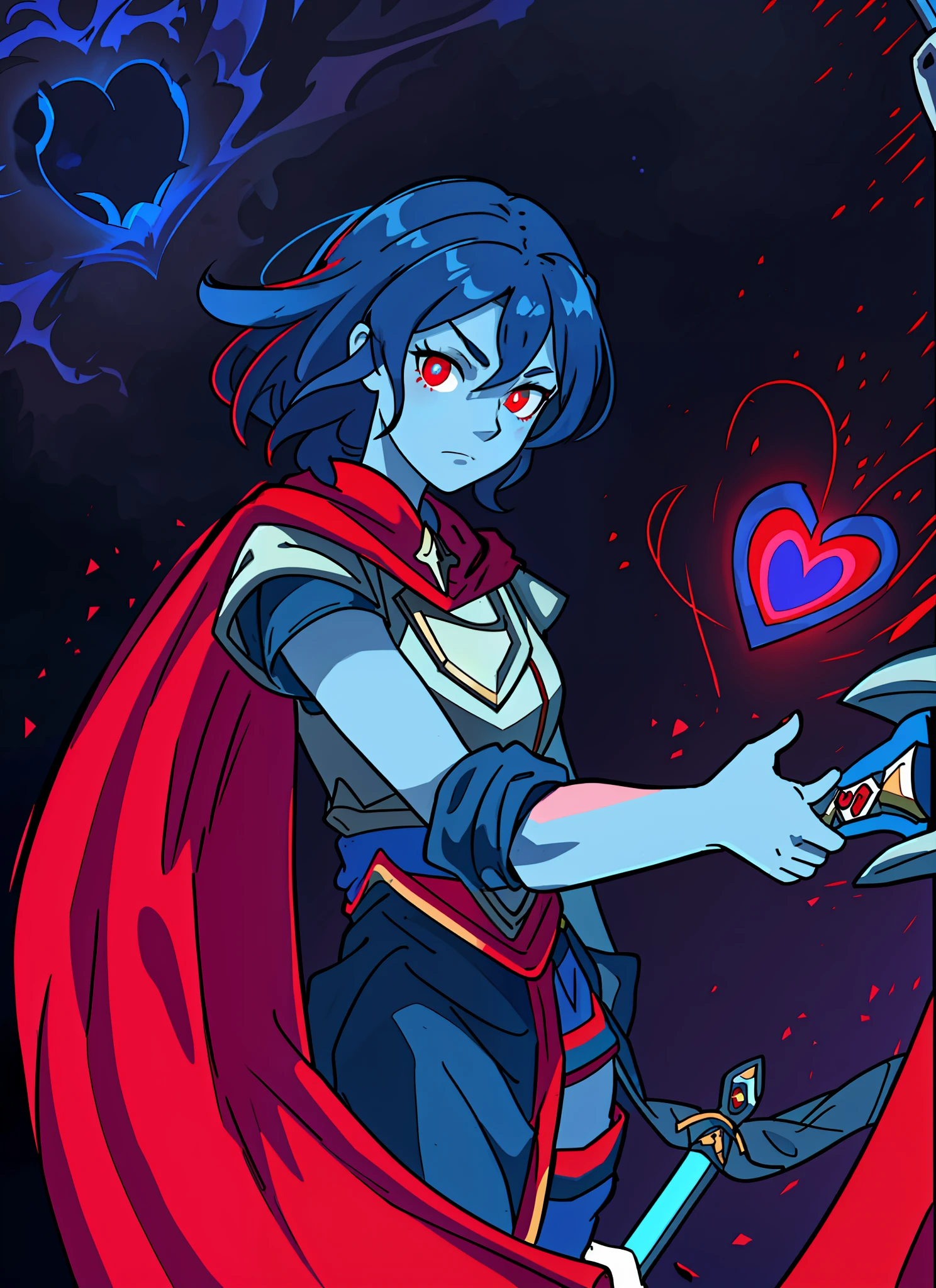 dark blue hair, hair covering eyes, red glowing heart, sword, blue skin, red cape, armor, expressionless, hd, highres