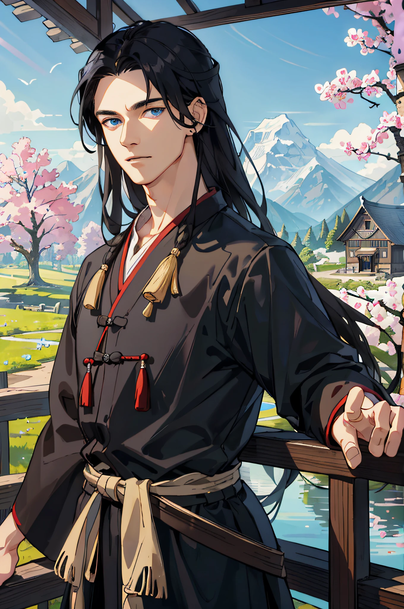 Masterpiece, Superb Piece, Solo, Adult, Delicate Eyes and Exquisite Face, Intricate Details, Upper Body: 1.2, Scenic Distant Mountains, Willow Trees, Clouds, Lively Atmosphere, Wooden House Background, Ancient Chinese Clothing, Black Hair, Blue Eyes, ((Long hair Ear, adult, mature,, Handsome, Wooden House background, Day,, Summer, Depth of field, Very detailed face, Fantasy, Mythology,, abs