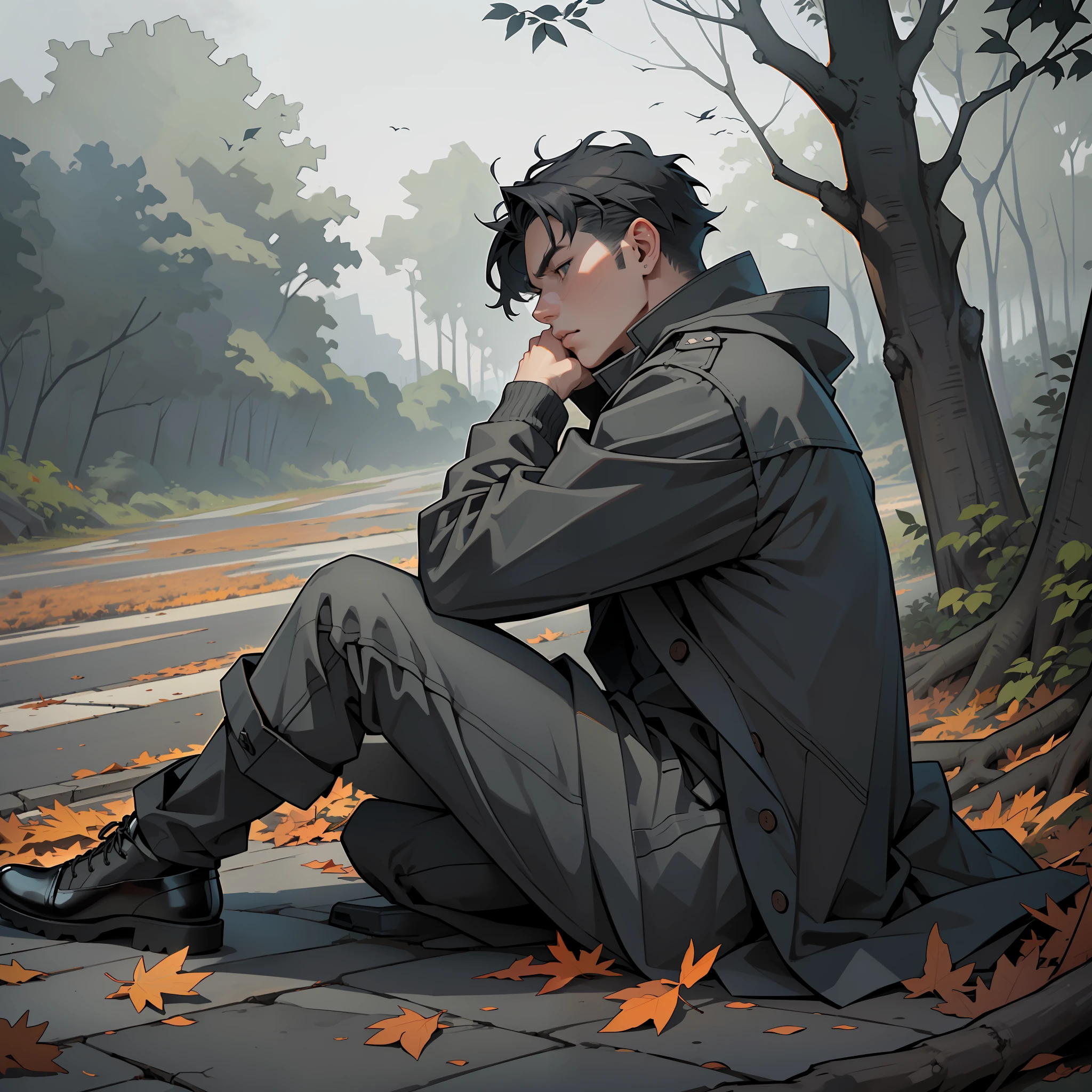Face of handsome man (resting in a natural setting),(low angle),(sitting alone),(viewing the landscape with sadness),(shade of gloomy color),(cold and gray colors),(overcast sky),(slow motion),(natural shadow),(wilted, leaves fallen on the ground) --auto --s2