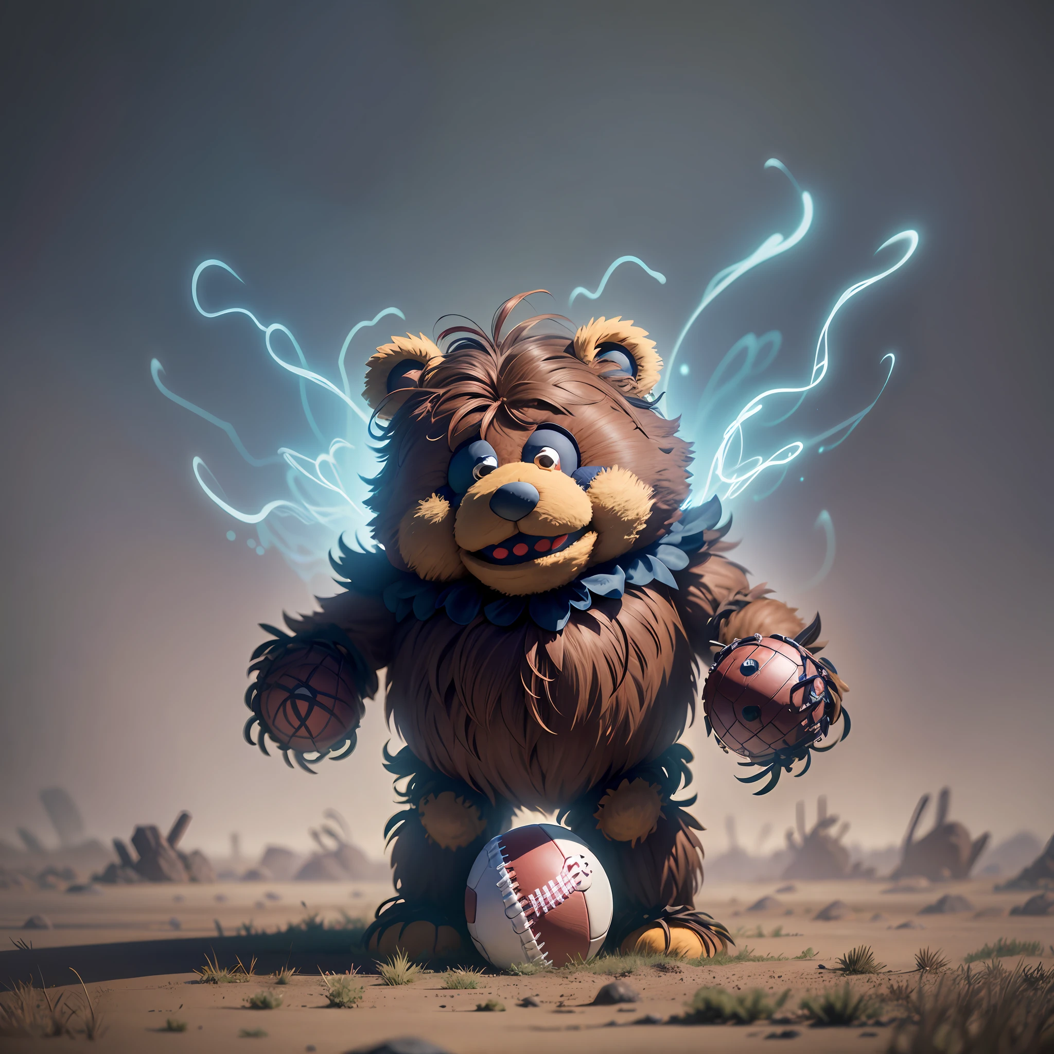 Fozzie Bear muppet character catching a football, machine like, Neuro mechanical, Perlin Noise, LSD, Fantasywave, Intimate lighting, Gothcore, Havencore, Promotional image cover art, Wallpaper cover art, 50mm lens, CryEngine, realisim, realisim