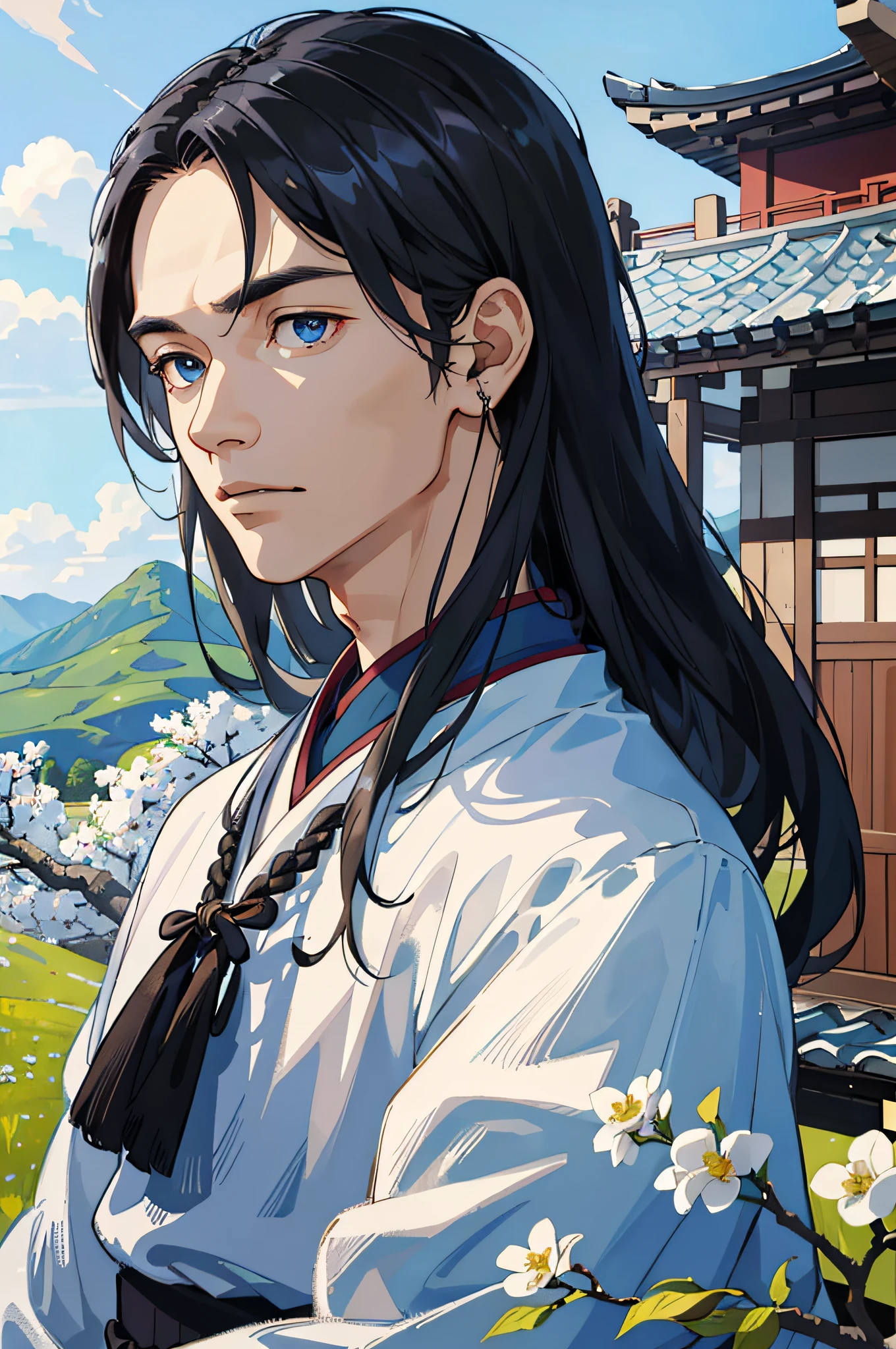 Masterpiece, Superb Piece, Solo, Adult, Delicate Eyes and Exquisite Face, Intricate Details, Upper Body: 1.2, Scenic Distant Mountains, Willow Trees, Clouds, Lively Atmosphere, Wooden House Background, Ancient Chinese Clothing, Black Hair, Blue Eyes, ((Long hair Ear, adult, mature,, Handsome, Wooden House background, Day,, Summer, Depth of field, Very detailed face, Fantasy, Mythology,, abs