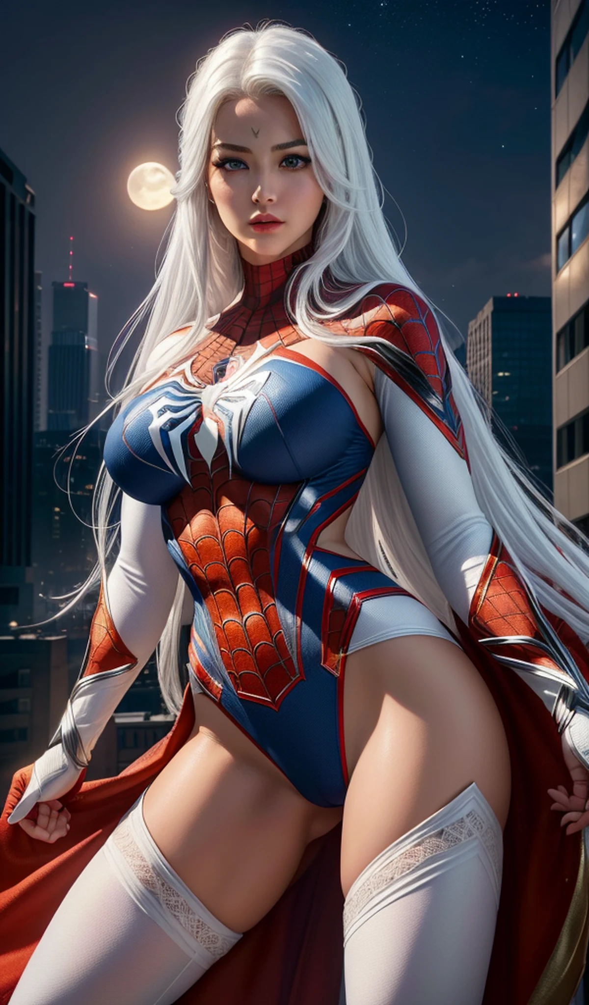 (masterpiece:1.4), (8k, photorealistic, RAW photo, best quality: 1.4), japanese, (1girl), beautiful face, (realistic face:1.4), (white hair, long hair:1.3), beautiful hairstyle, beautiful detailed eyes, (best ratio eyes:1.5), attractive, ultra high res, ultra realistic, highly detailed, best ratio, (detailed face:1.4), looking at viewer, red lipsticks, (best ratio fingers:1.5), (White superhero theme, charismatic, there's a girl on top of town, wearing lingerie Spider-Man costume, she's a superhero), [ ((25 years), full body, (realistic blue eyes:1.2), ((Spider-Man pose), show of strength, jumping from one building to another), ((sandy urban environment):0.8)| (cityscape, at night, dynamic lights), (full moon))] # Explanation: The Prompt mainly describes a 4K painting of ultra-high definition, very realistic, very detailed. It shows a superheroine at the top of the city, wearing a Spider-Man costume. The theme in the painting is a white superhero theme, the female protagonist has long white hair, is 25 years old and her entire body is shown in the painting. In terms of portraying the actions of superheroines, spiders are employed, (no bra:1.4), perky_nipples, ((exposed_nipples, exposed breasts, high proportional realistic breasts, realistic big breasts):1.3), (closed mouth:1.4), (camel_toe_pussy:1.3), innie_pussy,