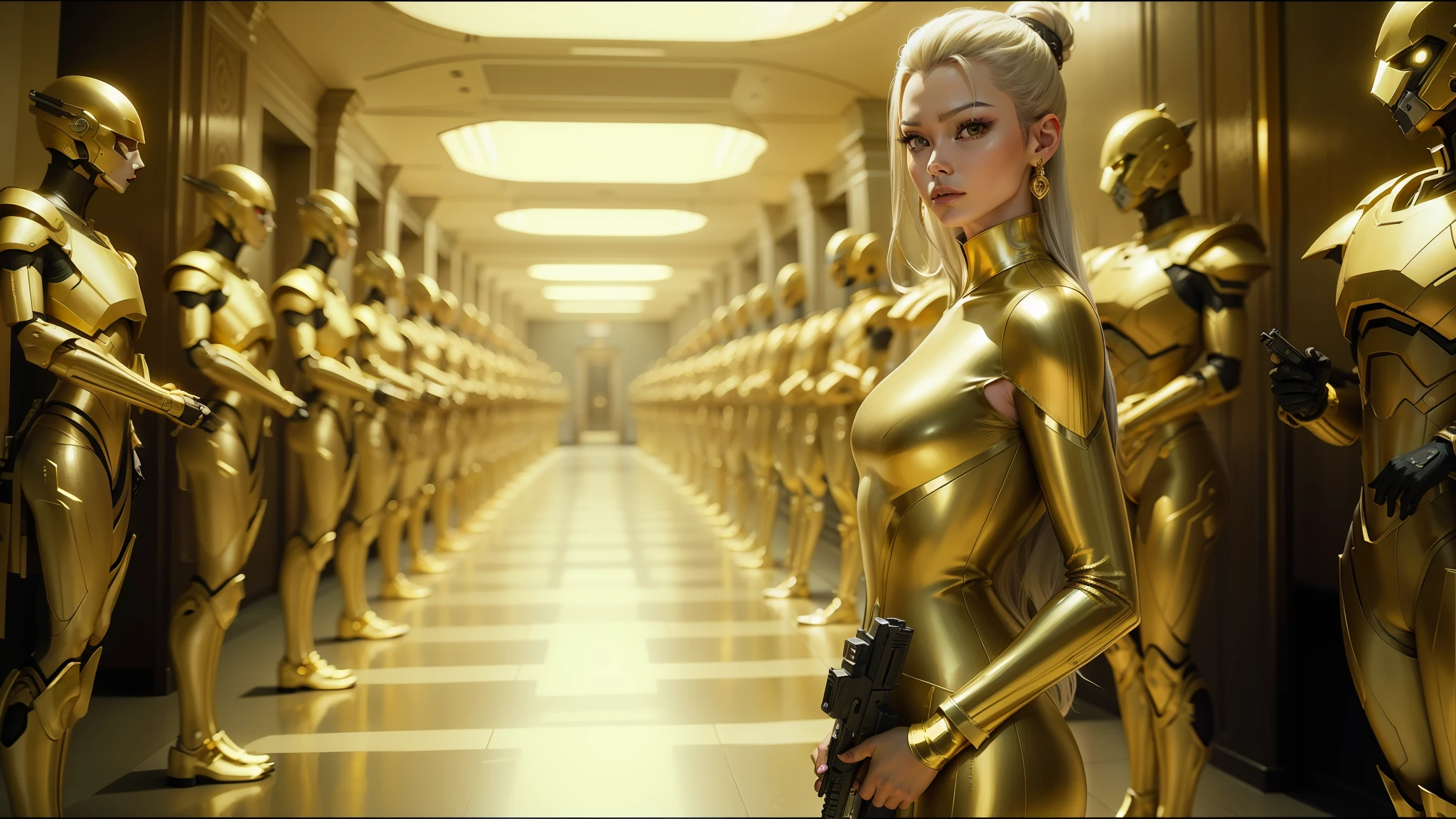 araffe woman in a gold dress standing in a hallway, movie still of a villain cyborg, jacky tsai style, human soldiers, pistols, inspired by Tang Sin Yun Sandara, shot on anamorphic lenses, syndicate(2012), rendering of beauty pageant, library of babel, blond ltd, golden silver elements, holding a gun --ar 16:9 --auto --s2