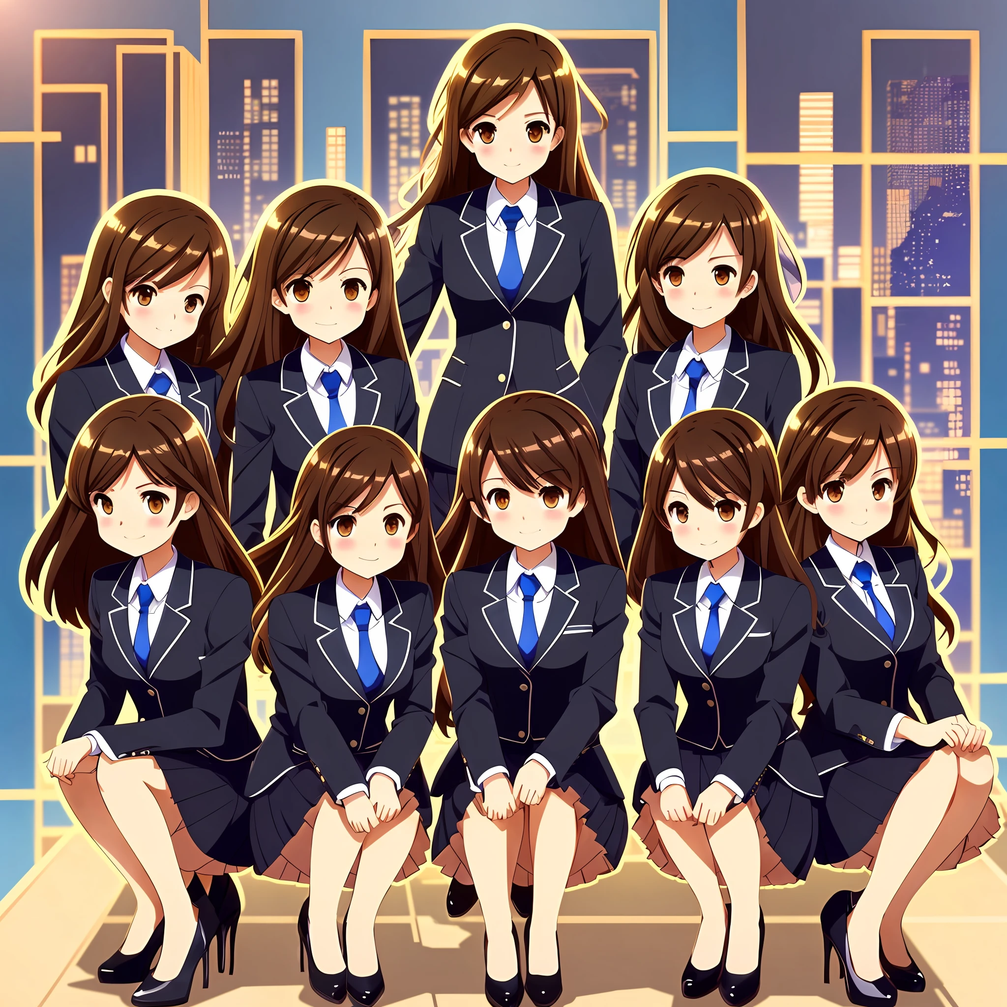 perfect anime illustration, brown hair, wavy hair, hazel eyes, 1girl, smiling, blue skirt suit, blue knee length pencil skirt, black high heels, businesswoman, highres, full body, thousands of girls, identical sisters, matching outfits, matching hairstyles, matching faces, group photo